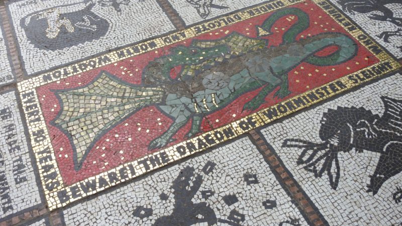 A colourful mosaic in the town of Dinder, celebrating the dragon which is rumoured to appear every 50 years.