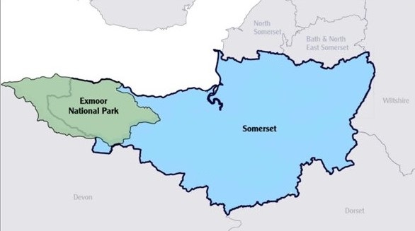 Map showing extent of project area, including modern administrative County of Somerset and area of Exmoor National Park