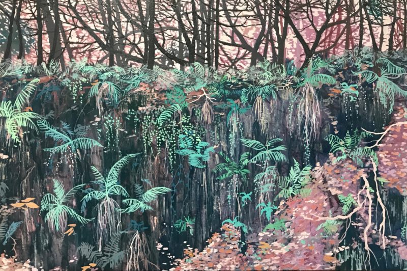 An abstracted version of a forest made up of fern leaves and tumbling foliage in green and pink hues dominate the canvas. Dark brown trunks of trees are packed close together in the background of the image.