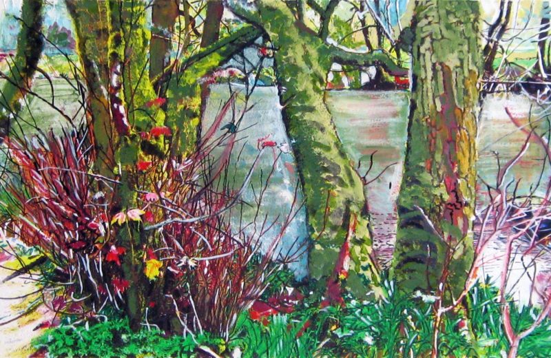 Tree trunks are depicted with loose brush strokes against a body of water. In the foreground are forest-green grass and vibrant pink stems of foliage