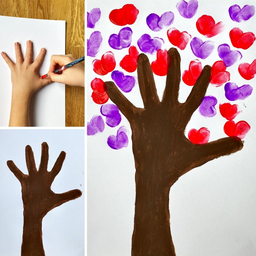 a painted hand and arm, which is painted brown to look like a tree trunk, fingerprints are in the shape of hearts and are placed around to look like leaves on the tree
