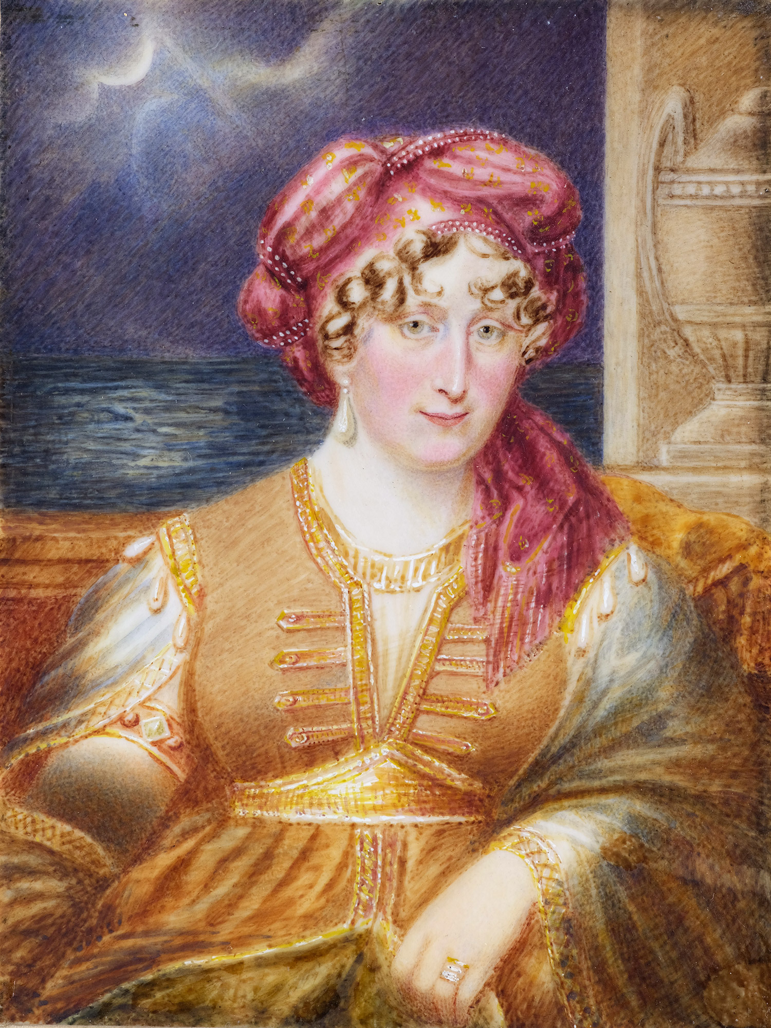 Portrait of a women in a golden dress and red head shawl. She is posed centrally, reclining slightly on a bench. In the background, the moon reflects off of the ocean, with a vase standing over her right shoulder.