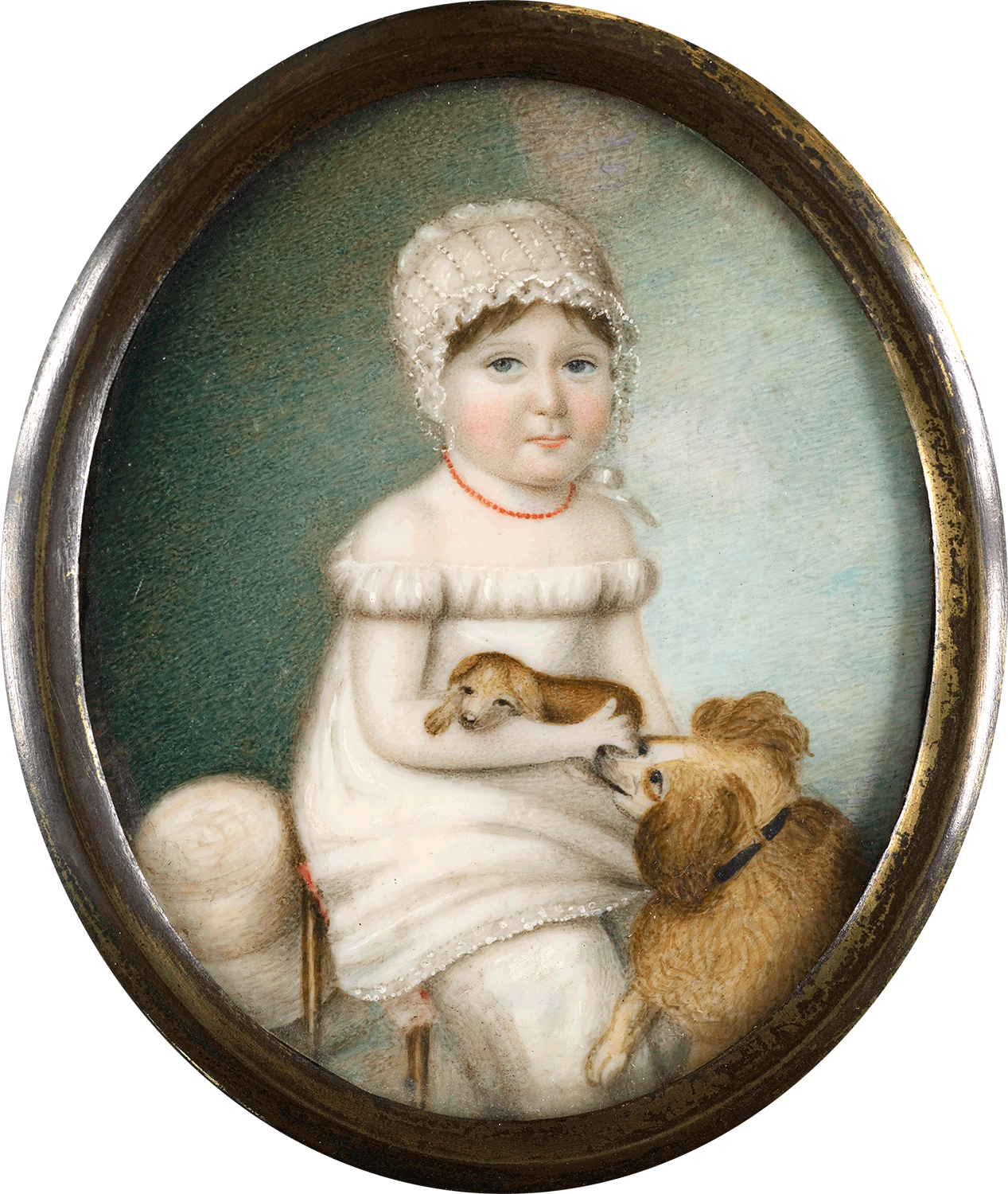 Portrait of a young child, seated wearing white smock, pantaloons and bonnet, holding a puppy with a dog to her side. It is against a grey backdrop.