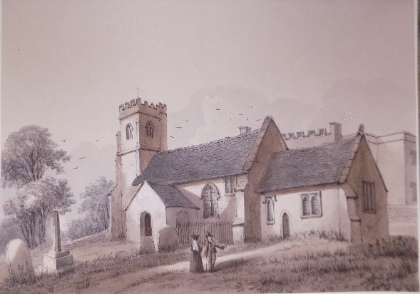 Pencil and watercolour drawing of East Quantoxhead church in the 1800s, showing church building and two figures standing in front.