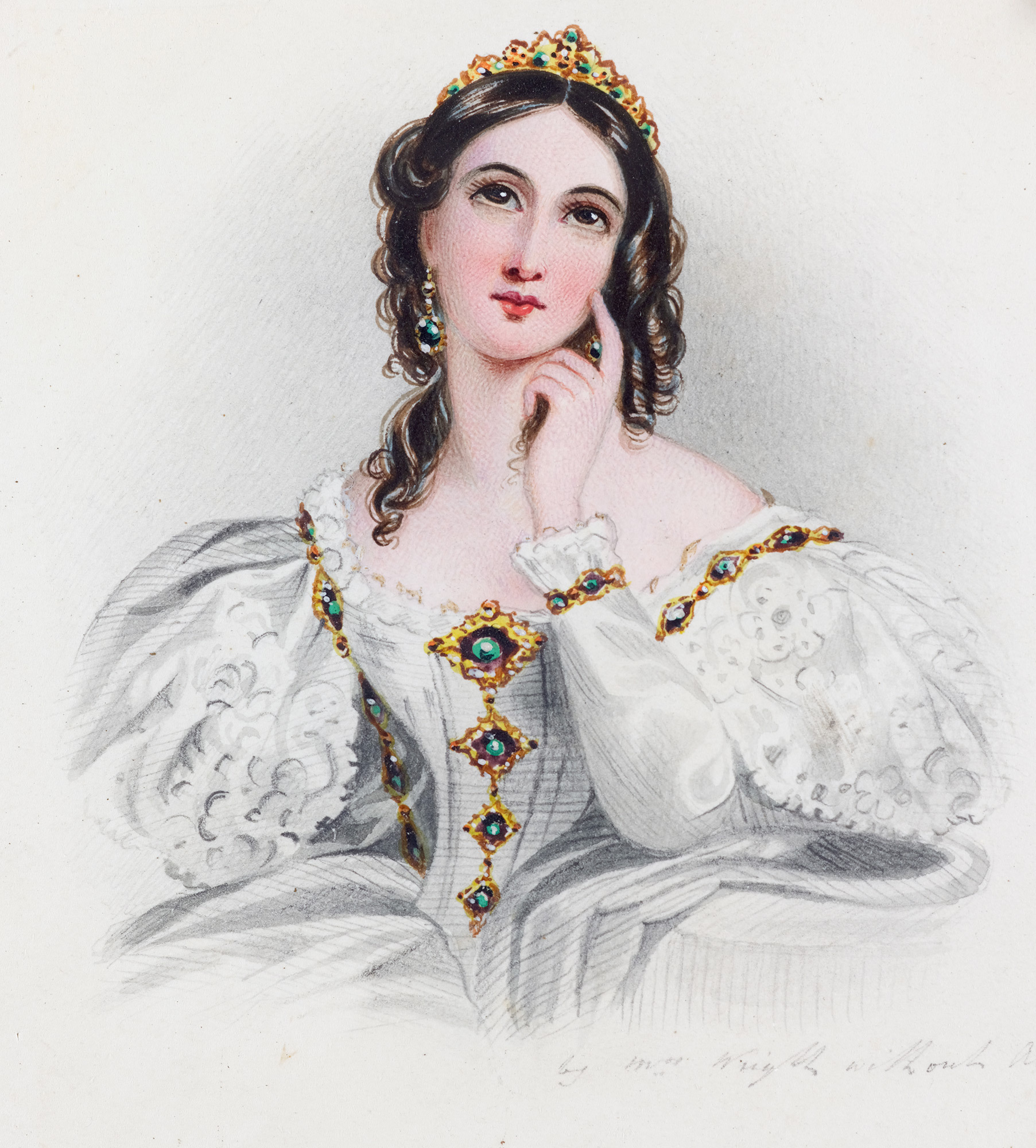 Painting of lady in a white dress with tiara and jewels. She looks thoughtful, and stares into the distance. She is depicted against a white background.