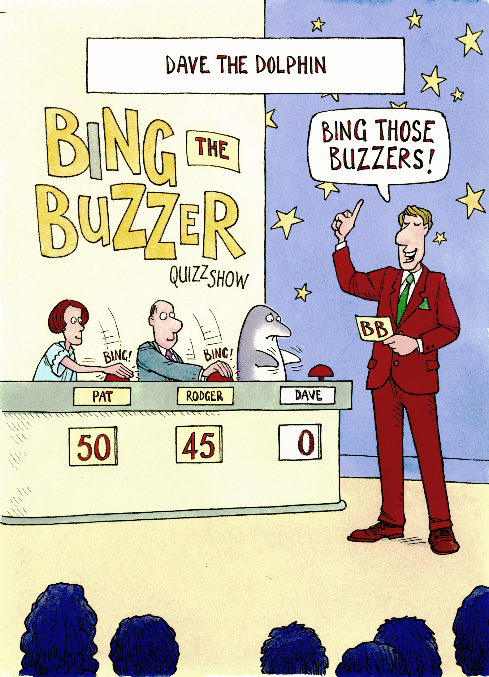 Humorous cartoon illustration of a dolphin on a game show panel. As two other competitors reach for their buzzers, it shows that the dolphin can't reach his buzzer with his flipper.