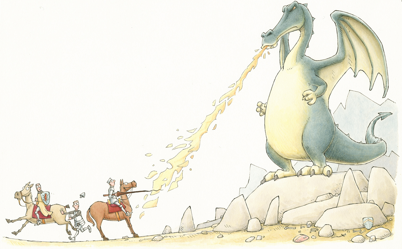 Illustration of large dragon, on the right, breathing fire at two knights on horseback. One knight's jousting stick is burnt at the end, the other knight is running away.