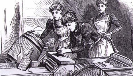 Black and white illustration showing two women in aprons churning butter as another woman watches on in the background.