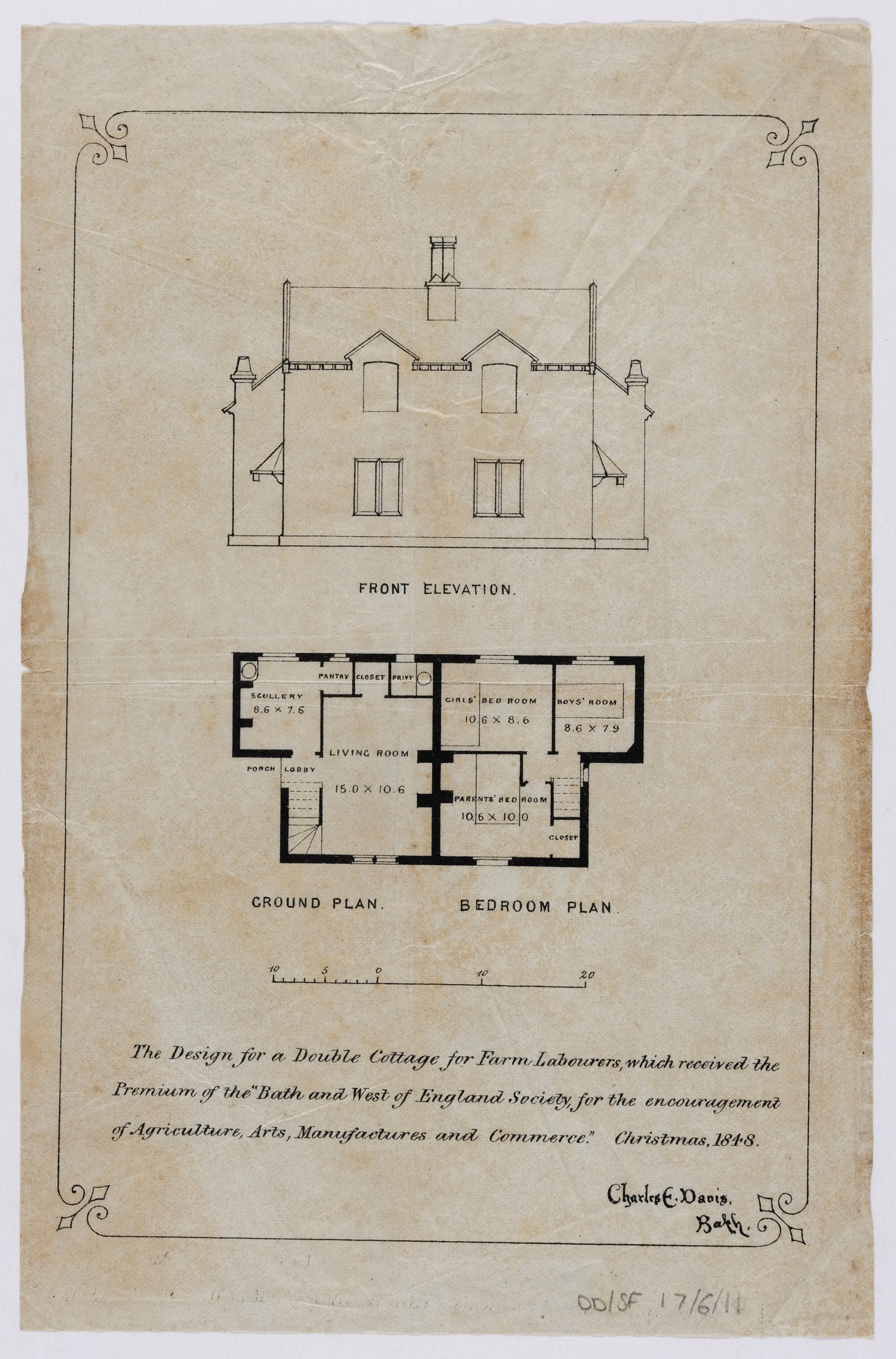 Paper document showing drawn-up plans of cottage's front elevation and ground plan. An inscription at the bottom reads, 'The design for a double cottage for Farm Labourers, which received the Premium of the Bath and West of England Society, for the encouragement of Agriculture, Arts, Manufacture and Commerce, Christmas 1848.' On the bottom right it is signed, Charles E. Davis, Bath.