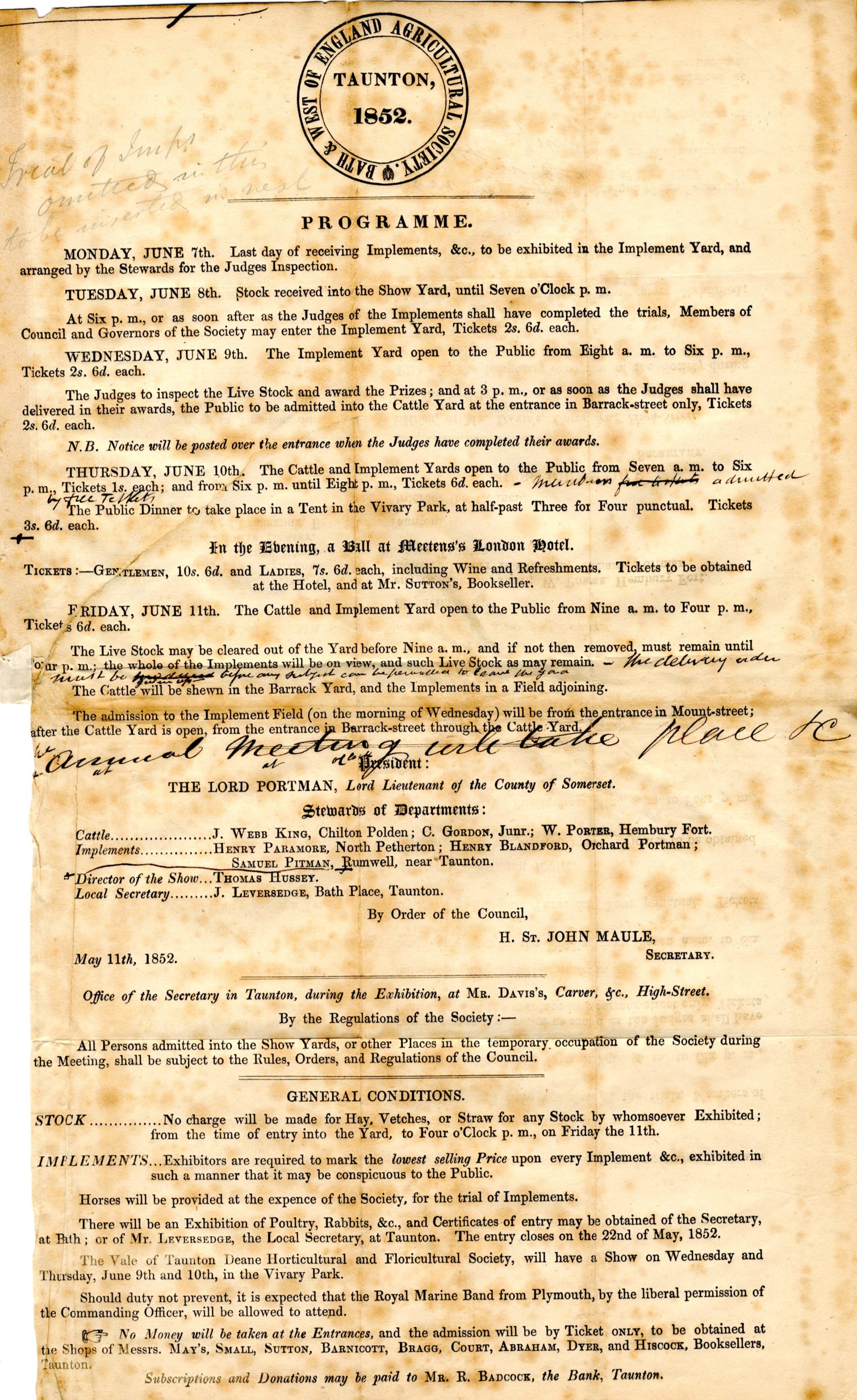A weathered paper programme from 1852, detailing events and activities by day: 'Monday, 7th June, last day of receiving implements to be exhibited in the Implement Yard...'. 'Tuesday June 8th, stock to be received in the Show yard until 7pm'. 'In the evening, a Ball at Meetens's London Hotel.'