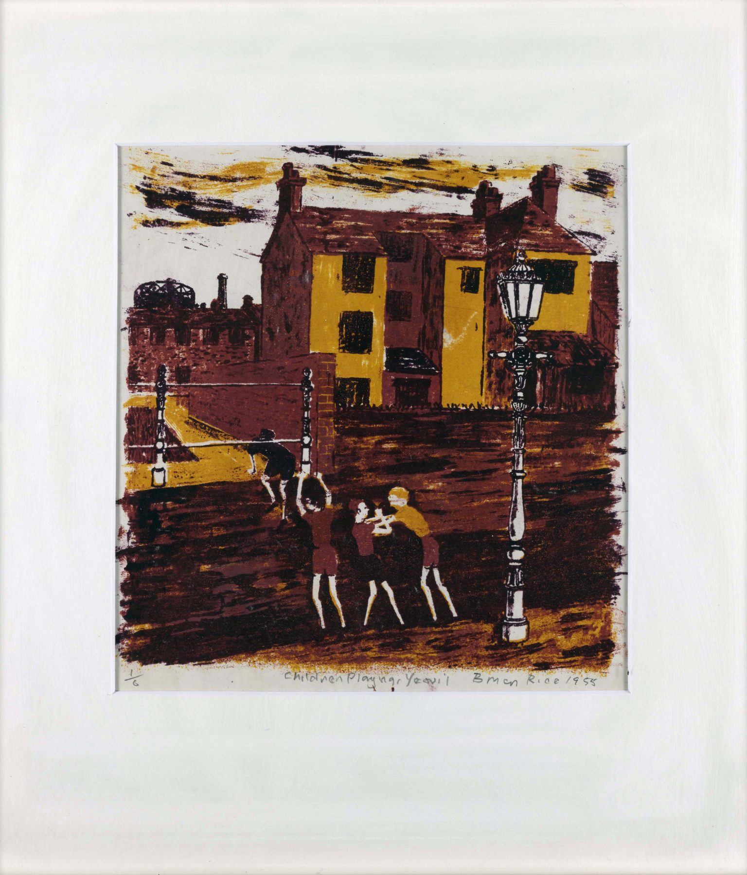 In the foreground of the work is three boys, one with arms raised as if shouting, on a open street. In the background is a large house to the centre, and the impression of other shadowed homes behind. The work's palette uses entirely charcoal black, brick reds and browns.