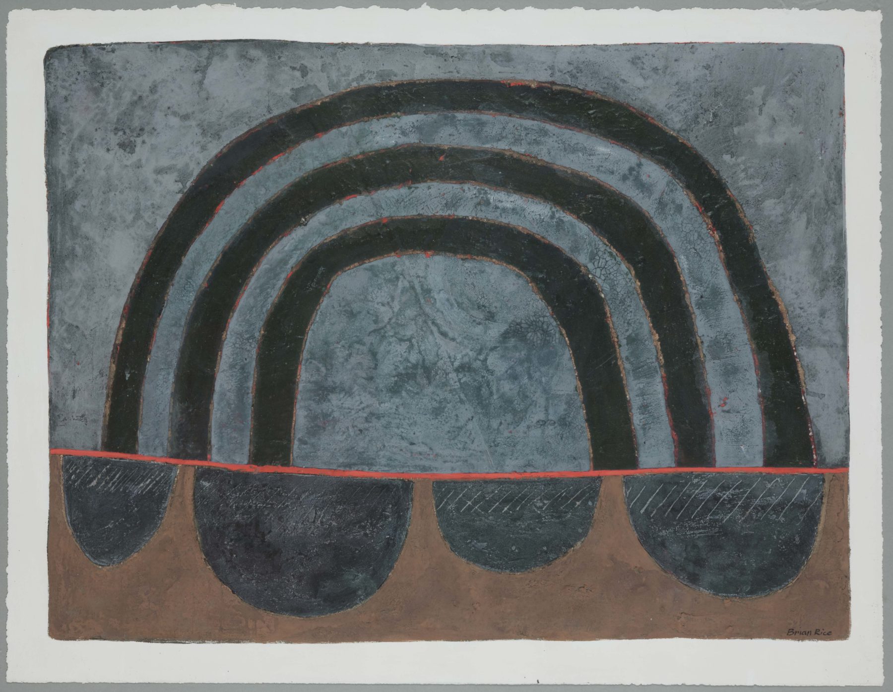 Against a grey backdrop, a strip of brown at the bottom of the work signifies ground. Above and extending from this are three black arches, one stacked above the other, in a mound shape.