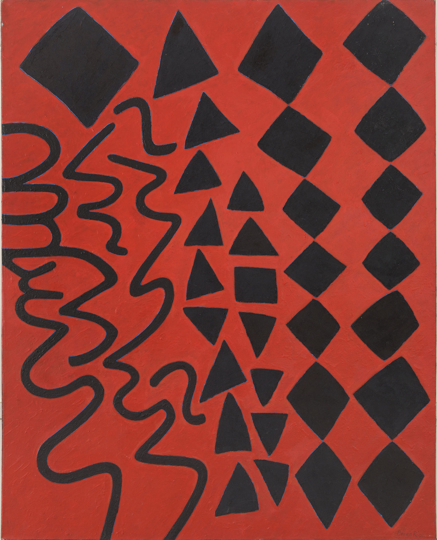 Against a backdrop of apple red is a series of patterns, including black 'squiggle' lines on the left and rows of triangles and diamonds to the right.