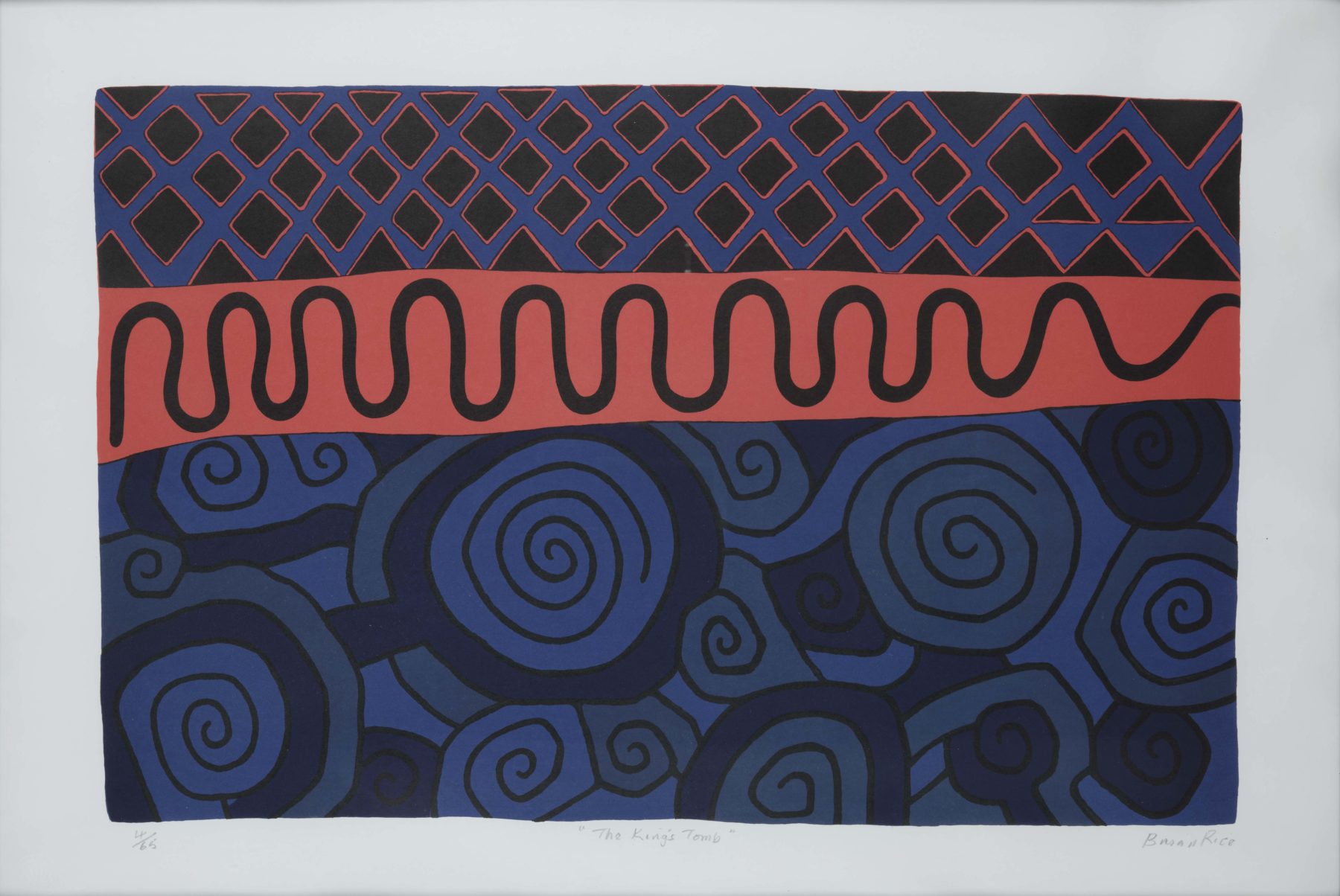 On the bottom half of the work features a sea of blue spiral patterns, which is broken by a coral-toned band of colour across the width of the work. Above this, the blue theme returns with a simple lattice pattern.