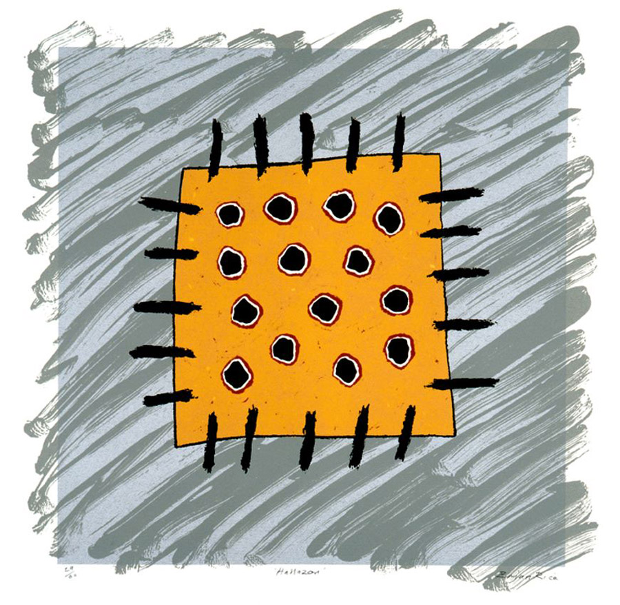 A grey square is painted over with rough grey brush strokes. In the centre of the print is another, smaller yellow square. It is blemished with small black circles. A series of black dashes around the yellow square's border makes it appear as if it has been stitched onto the grey background.