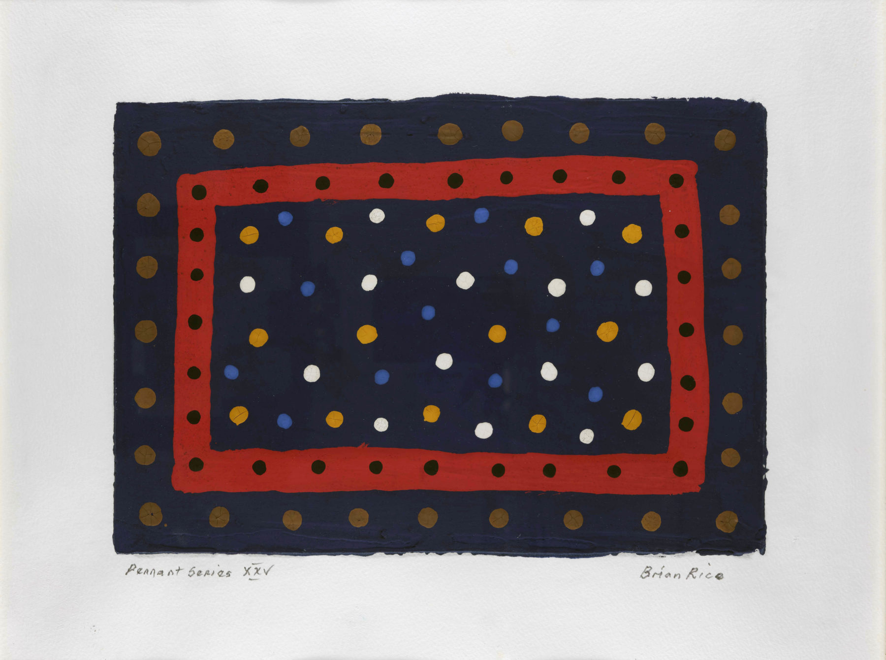 On a blue-black background sits a brick red rectangle shape, with a thick border but no filled colour. Both within and outside of this rectangle is an array of white, yellow and blue spots.