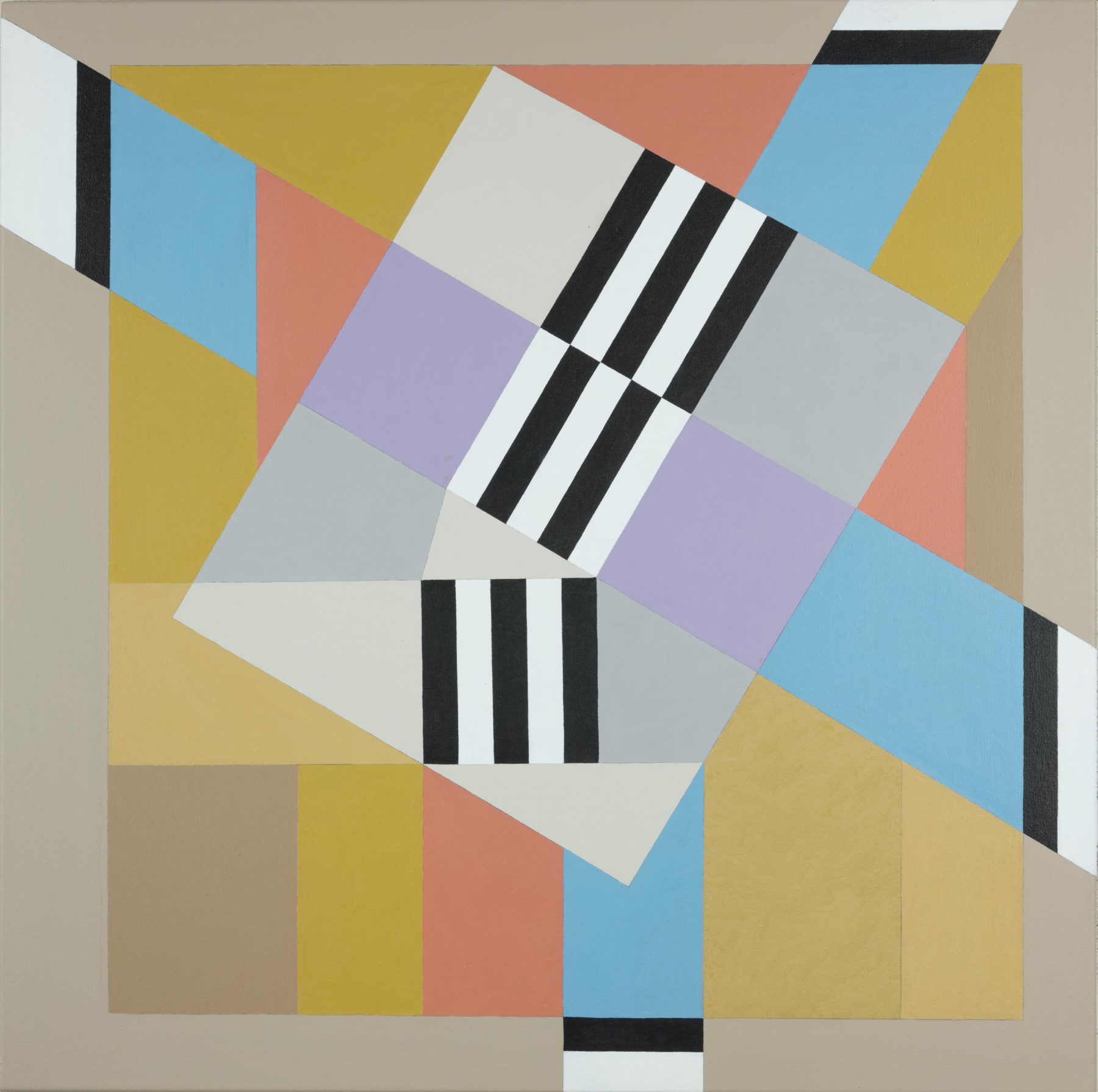 An abstract array of rectangles, stripes and squares are knitted together in a mixed colour palette. Pastel blues, lilac and pink sit atop pistachio green and muted brown. Contrasting stripes of black and white break up the otherwise muted tonality.