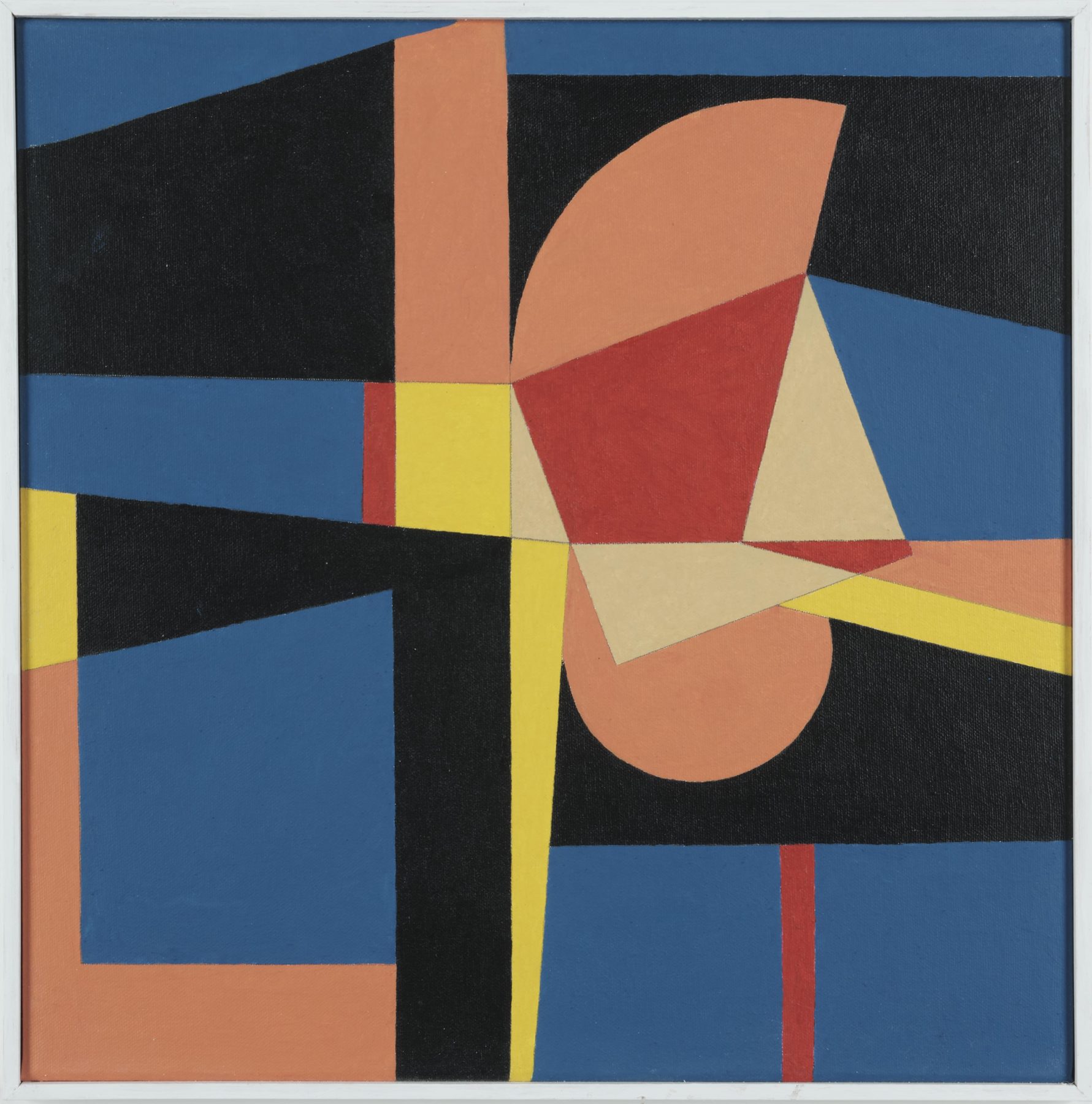 An array of overlapping shapes sit on a background of deep blue. Coral, yellow and black circles, crescents and sharp polygons overlap, creating areas of conflict and interaction.