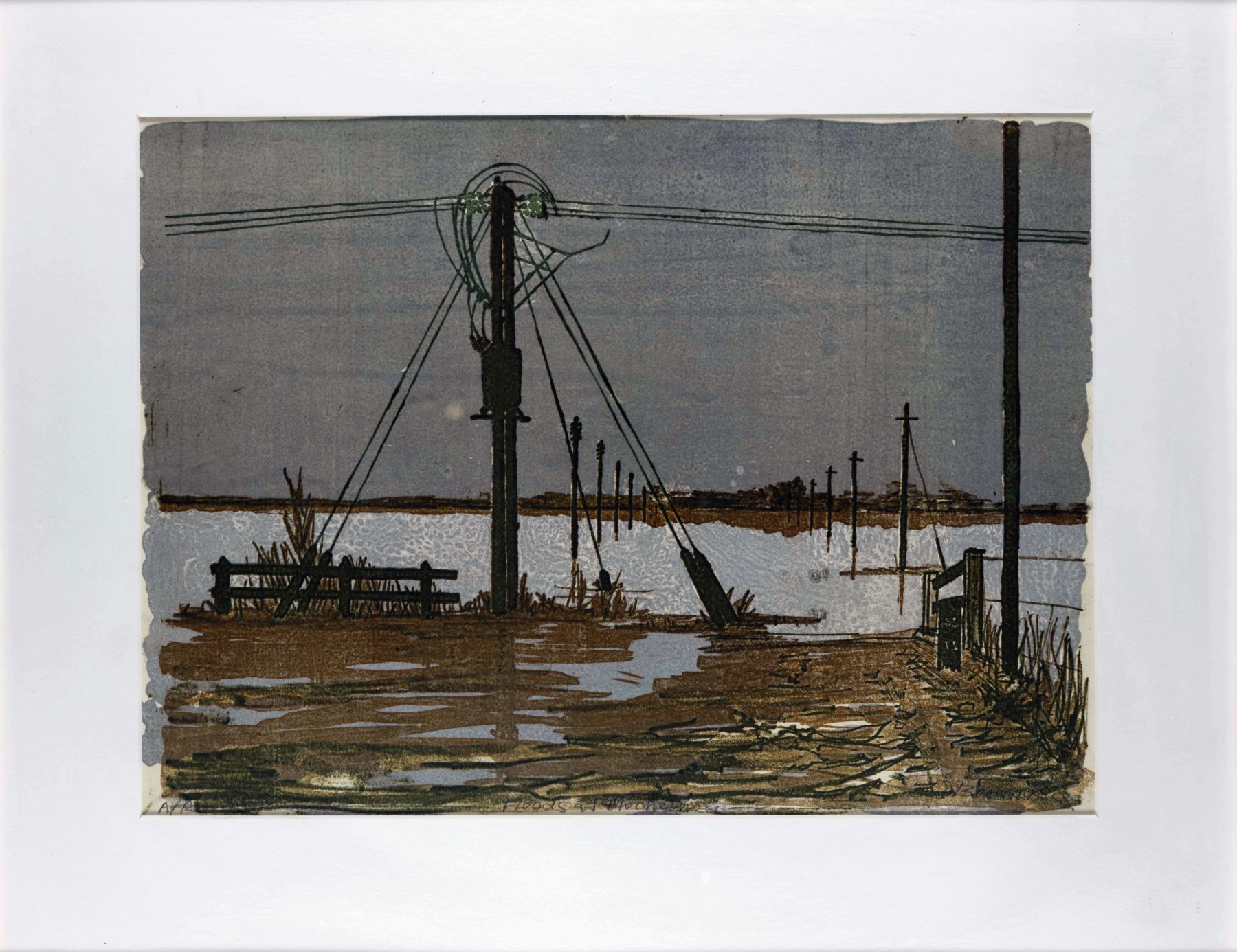 The landscape of Muchelney is depicted in muted browns and blues. In the foreground, brown land is visible beneath encroaching flood waters, which stretch across the width of the work. An electric pylon breaks up the landscape with vertical, strong black lines, at the centre of the canvas. Grey blue skies stretch into the distance, as land peeks out from the floods in the distance.