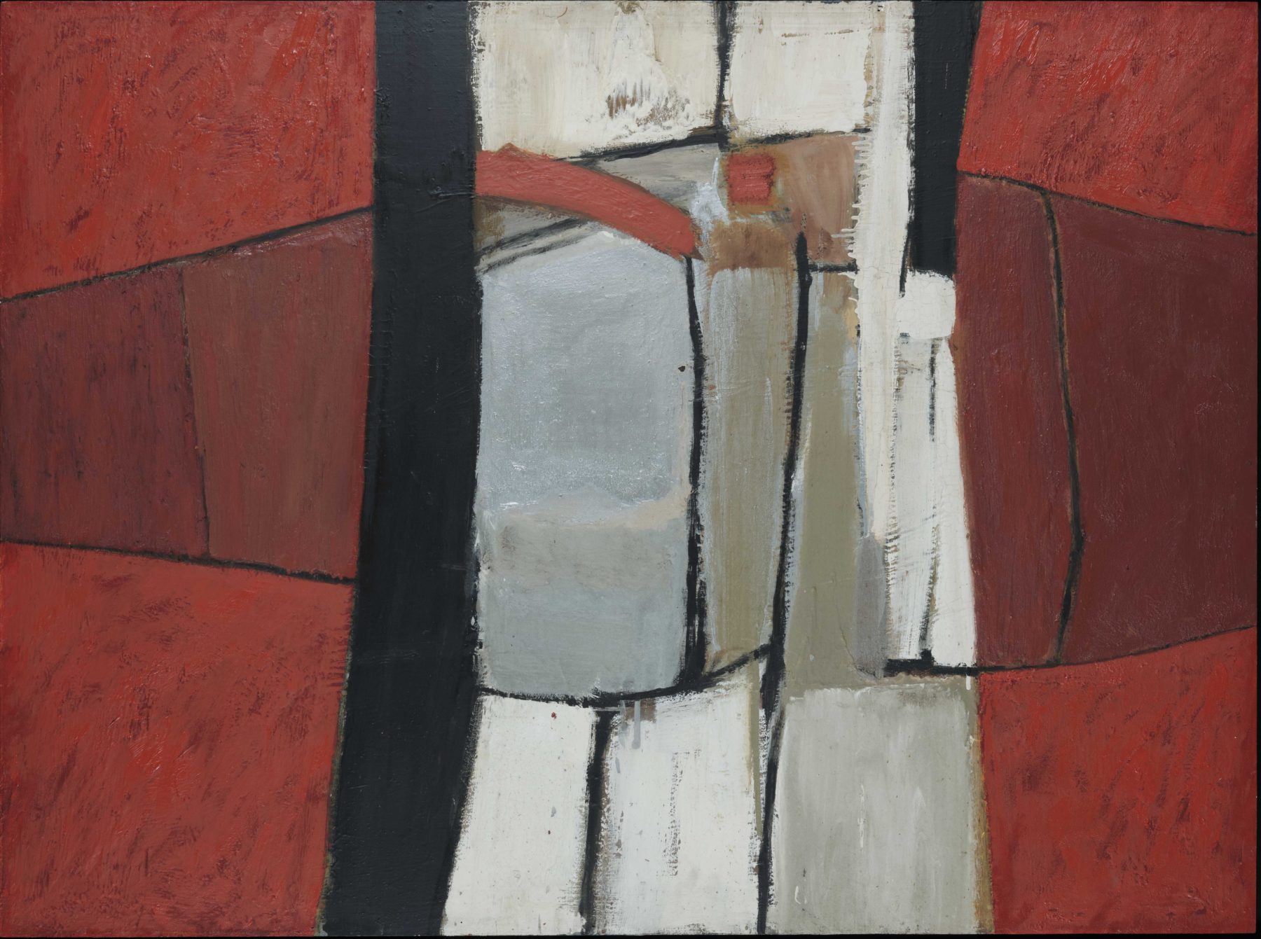 Against a deep red background, a thick band of white travels vertically up the centre of the canvas, bracketed by a black border.