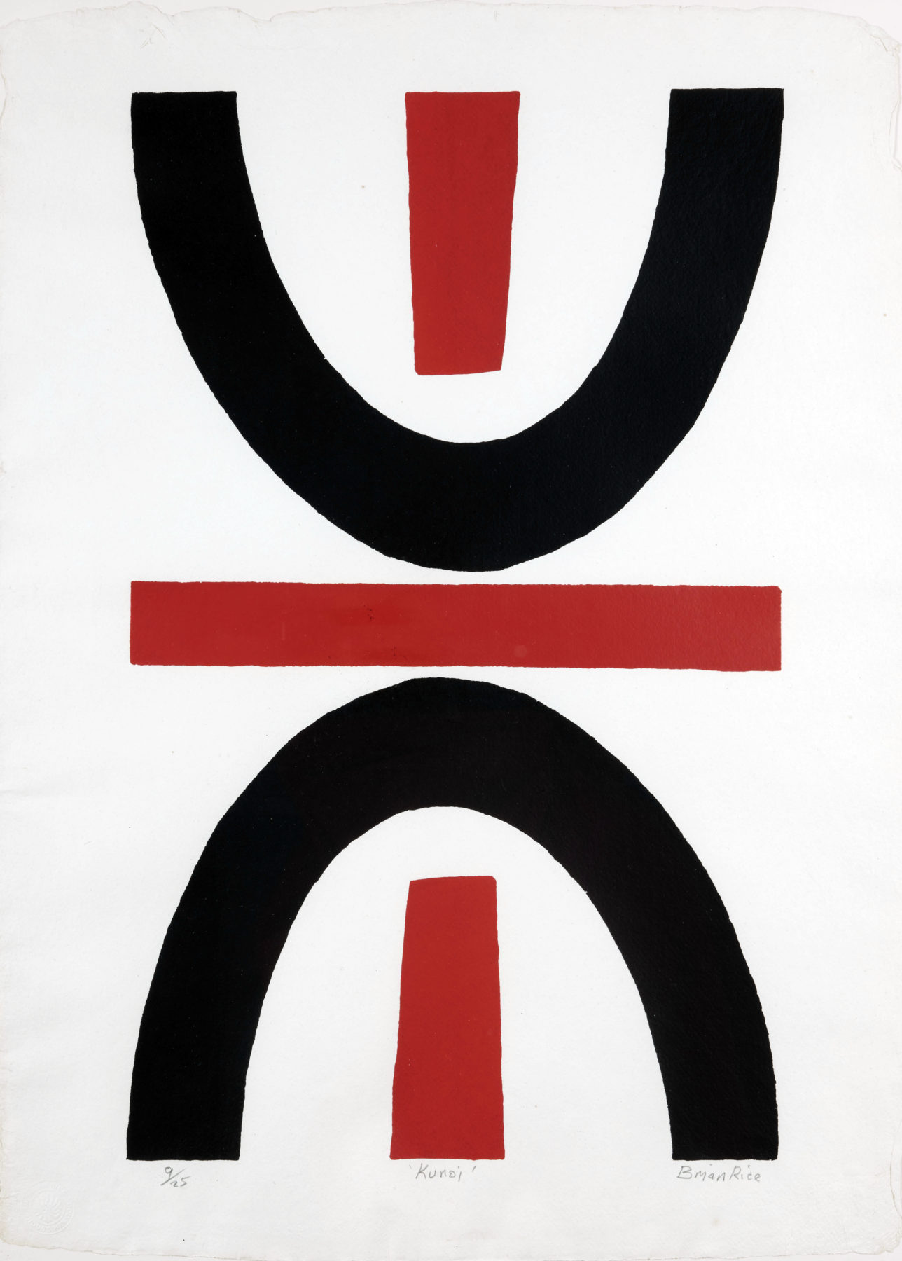 A white background features strong graphic shapes in thick red and black lines. A central, horizontal red bar is the focal point of the work, with black crescents extending above and below to the edge of the canvas to an almost tribal effect.