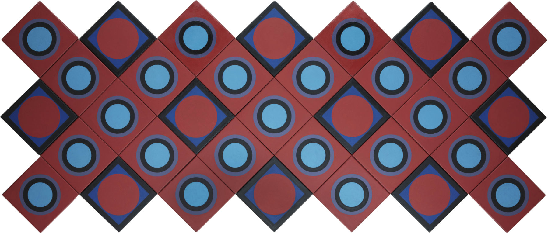 A white background is filled with a strong, red, lattice-effect design of tessellated diamonds, within which are blue circles. The shapes are varyingly inverted. This effect is stretched horizontally across.