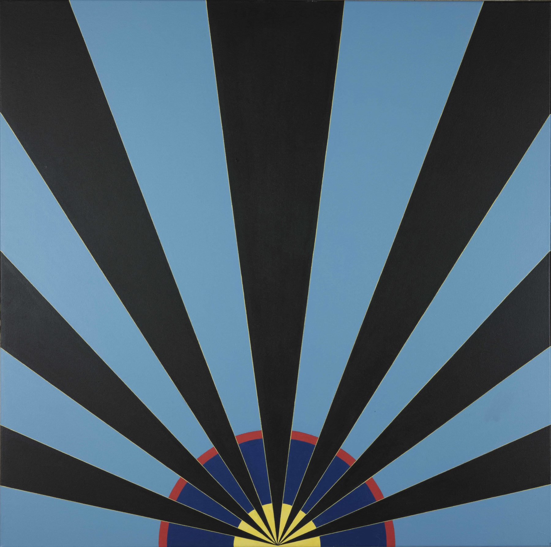 Black beams imitating sun beams emanate from a yellow half-crescent at a central focal point. They rays extend outwards until they meet the edge of the canvas.