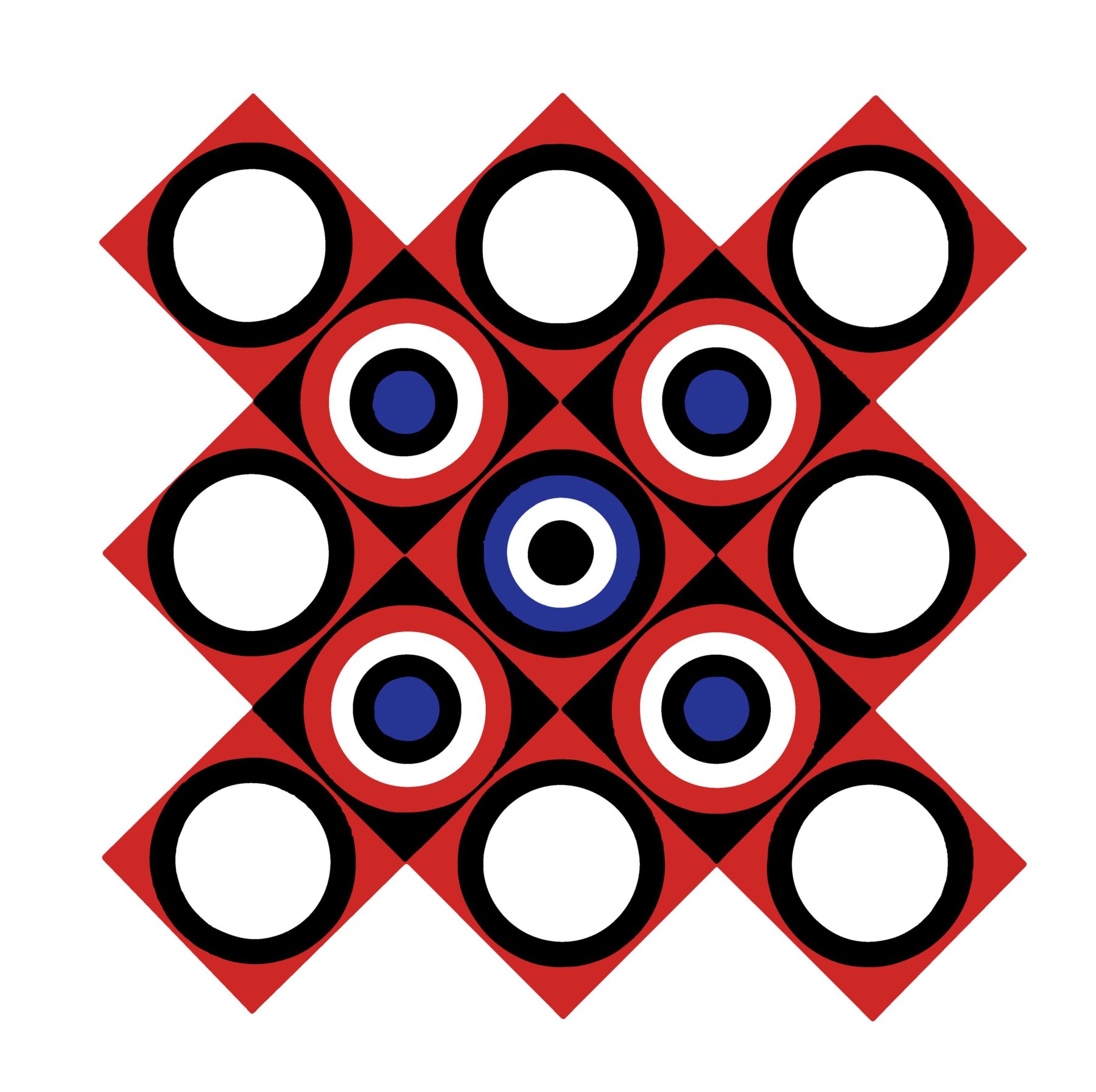 Against a white background, overlapping diamonds and circles are used to create a disorienting pattern. The layered effect results in what appears to be a diamond meshed with an X.