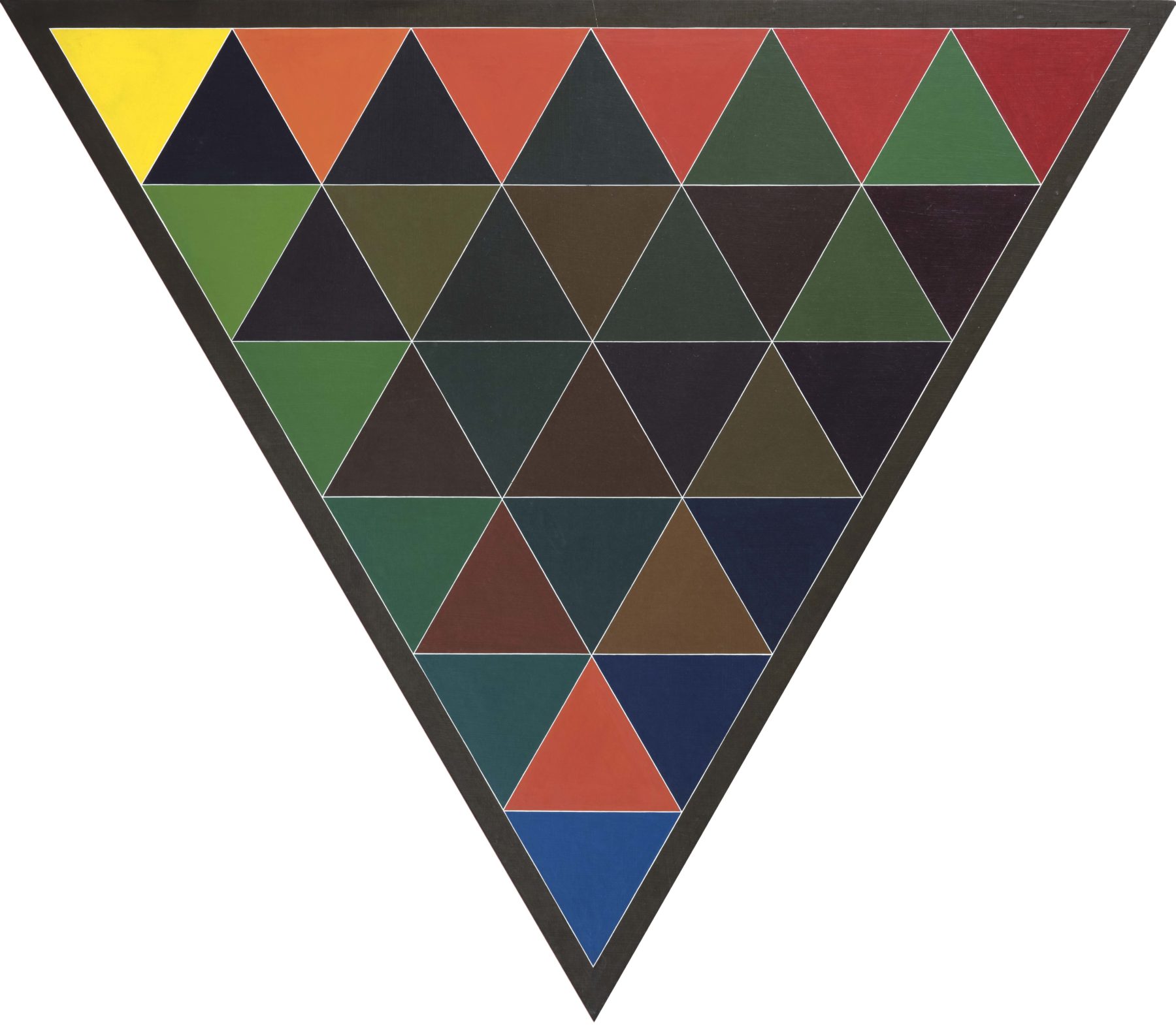 An inverted equilateral triangle fills the white space. Within the triangle are smaller, tessellated triangles, which feature a kaleidoscopic gradient of colours, ranging from deep red at one point to royal blue.