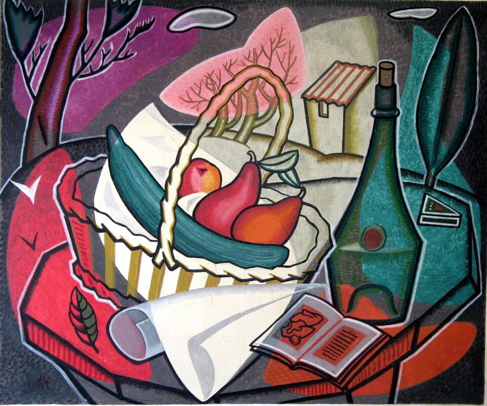 Oil on board, still life painting of a basket of fruit