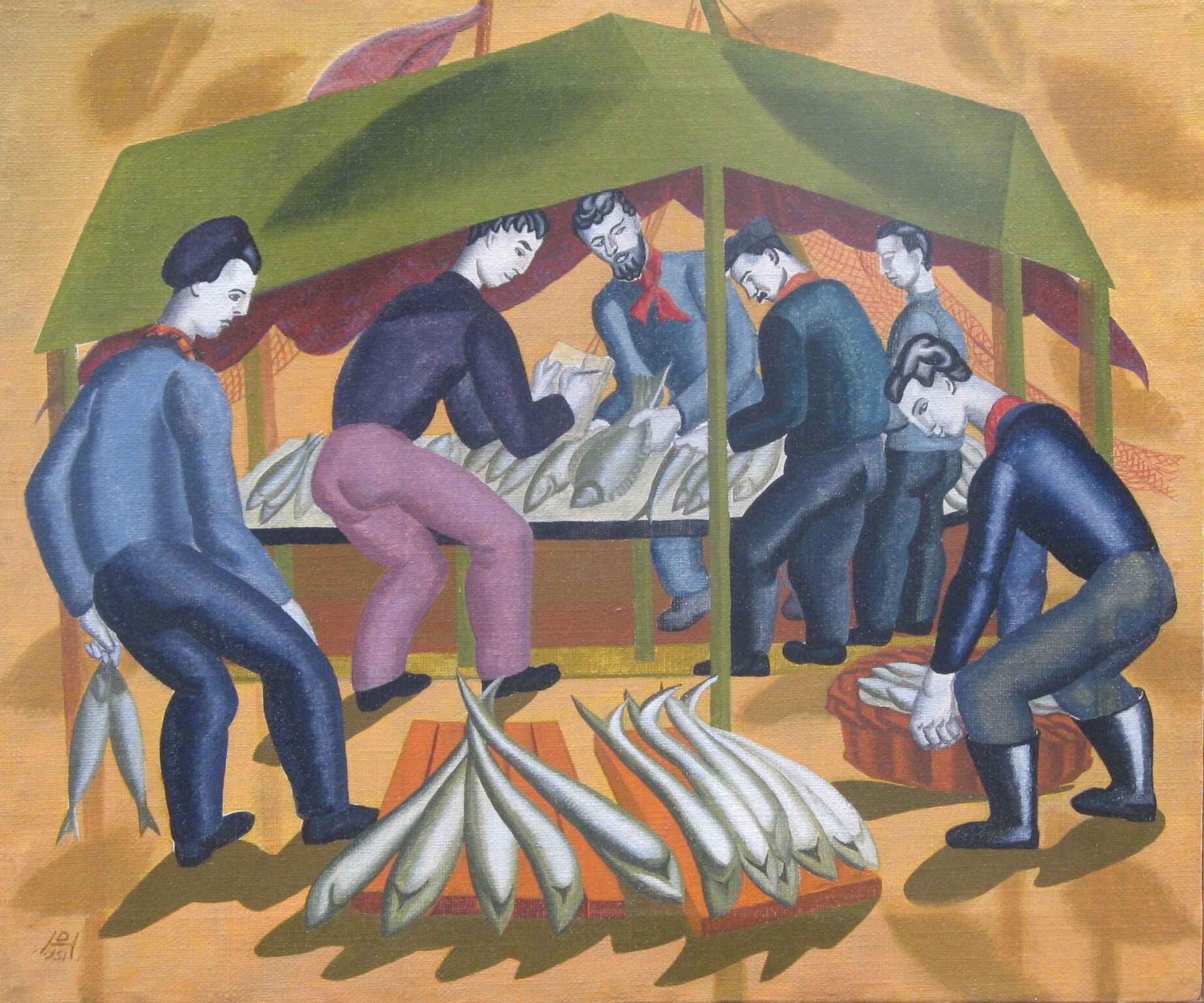 Oil on canvas painting of men at a fish stall