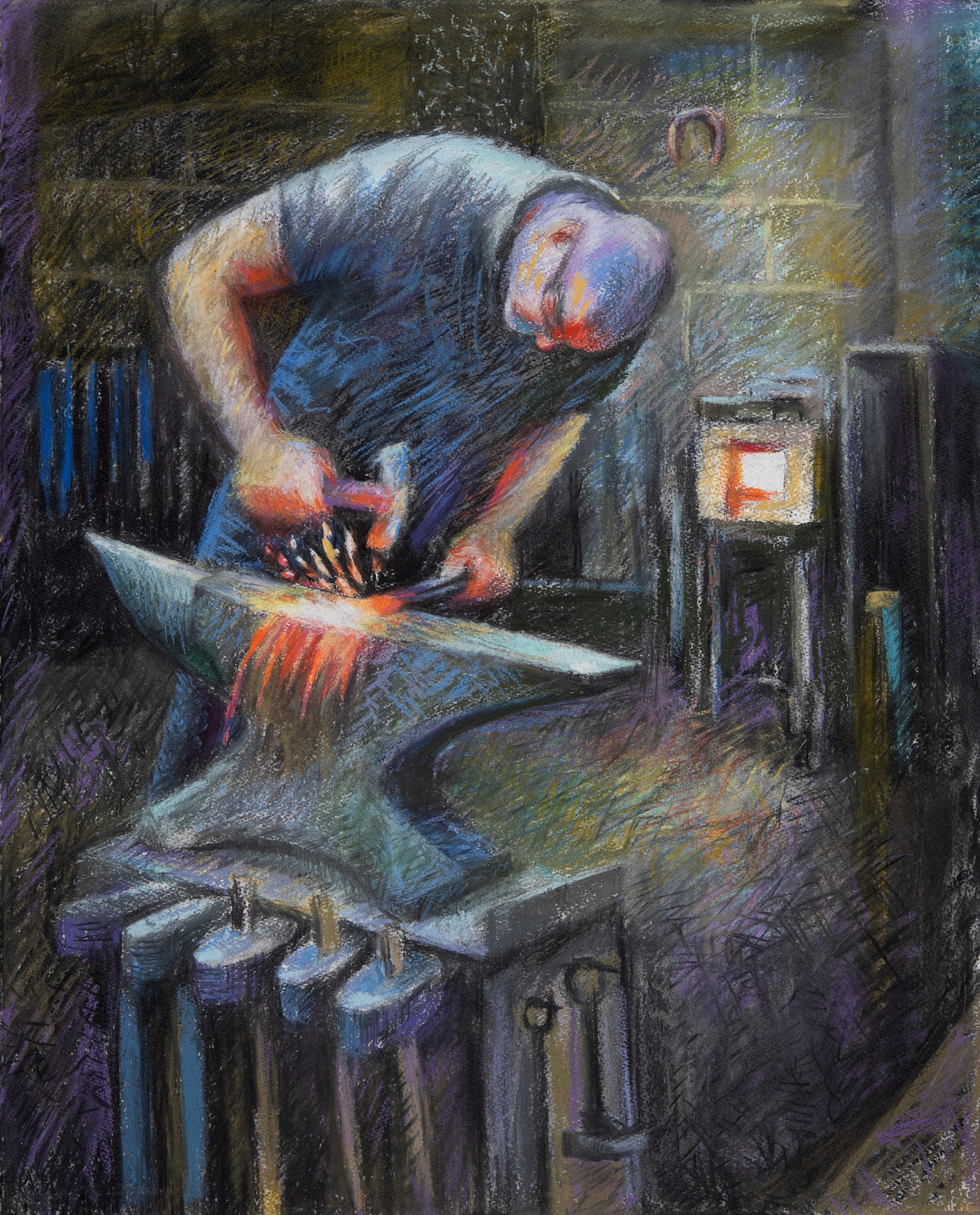 Alex Pole forging a knife (pastel and willow charcoal)