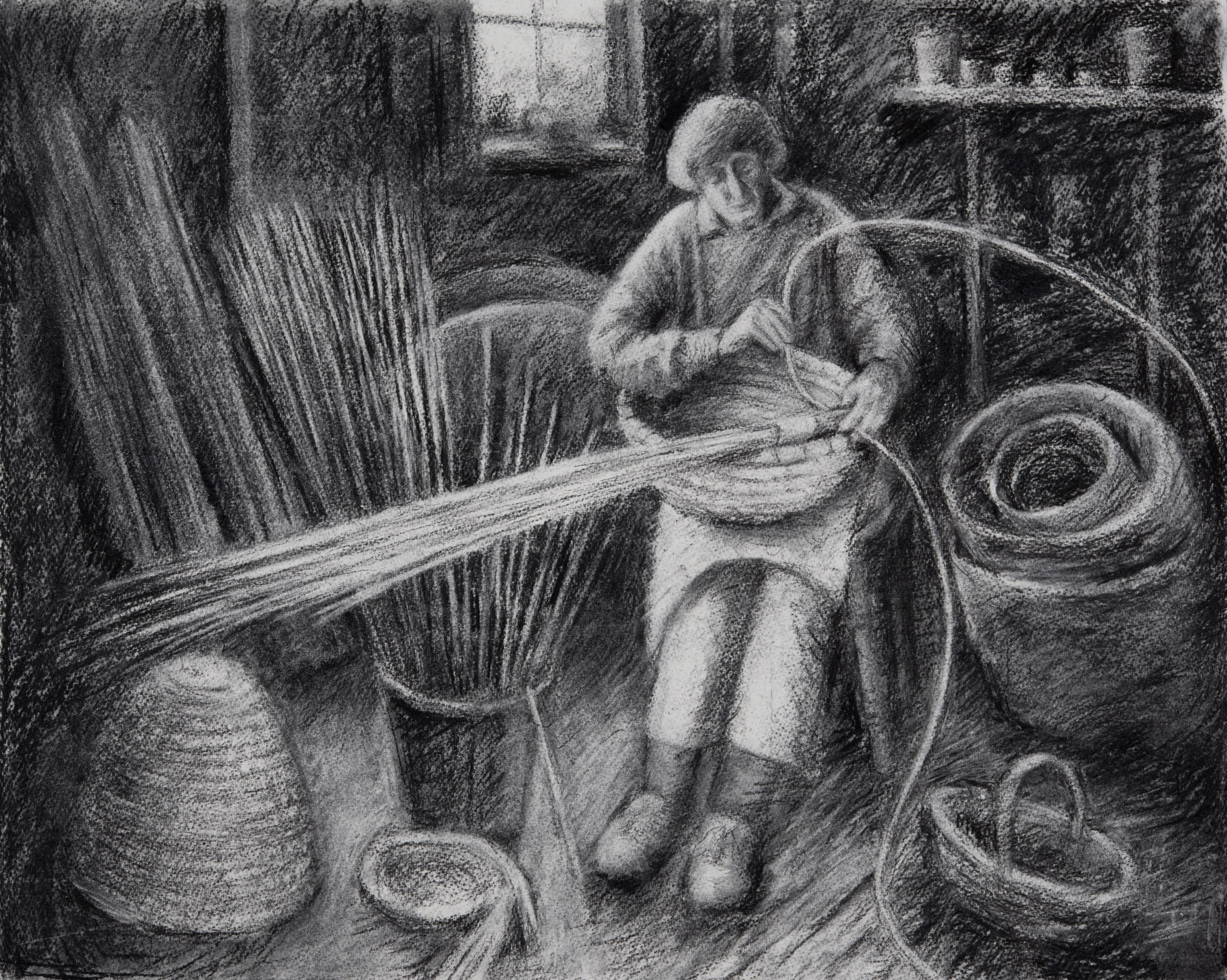 Diana Robertson coiling a straw bee skep (willow charcoal)