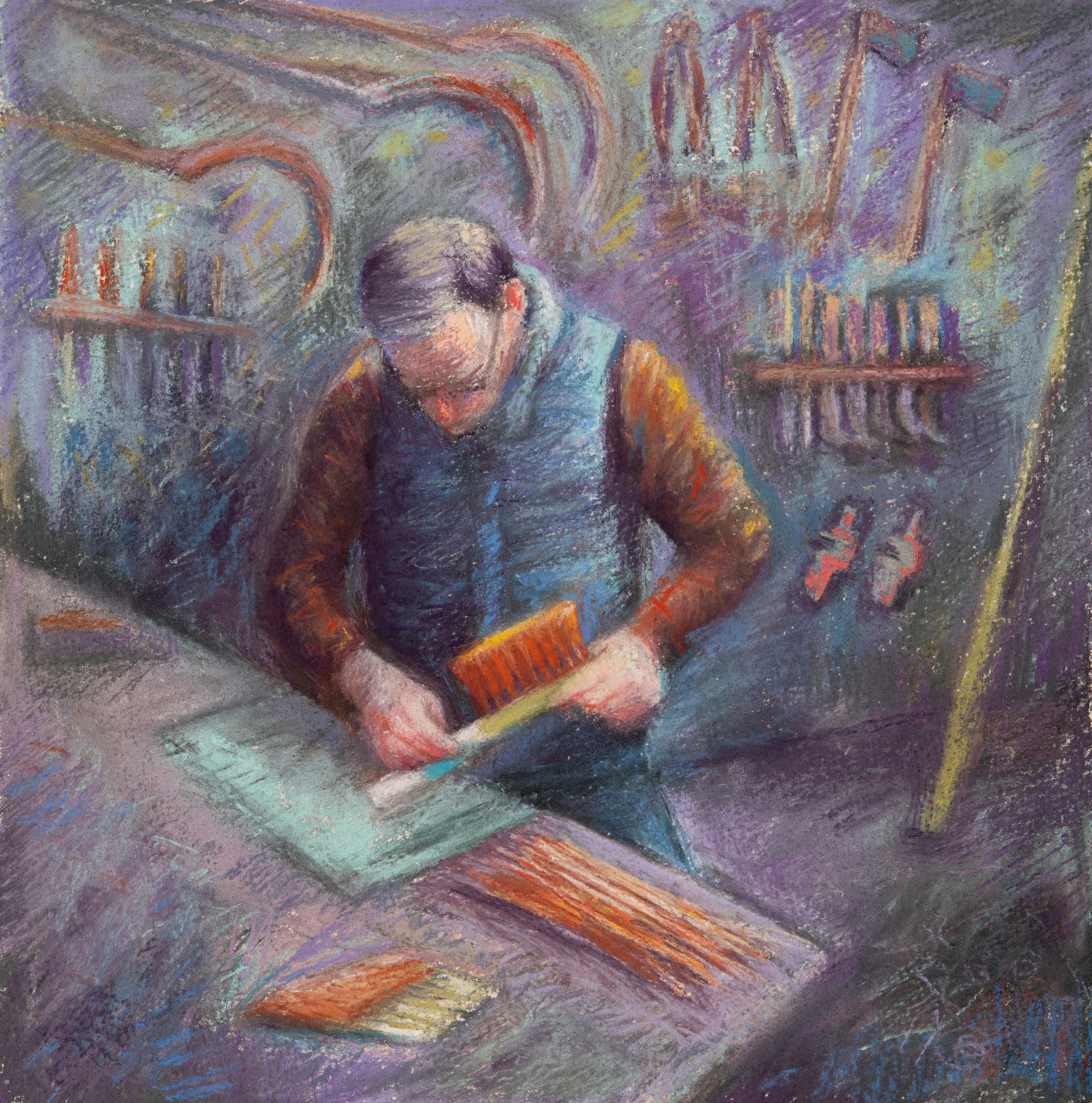 Johnny Tap sanding an ash handle (chalk pastel)
