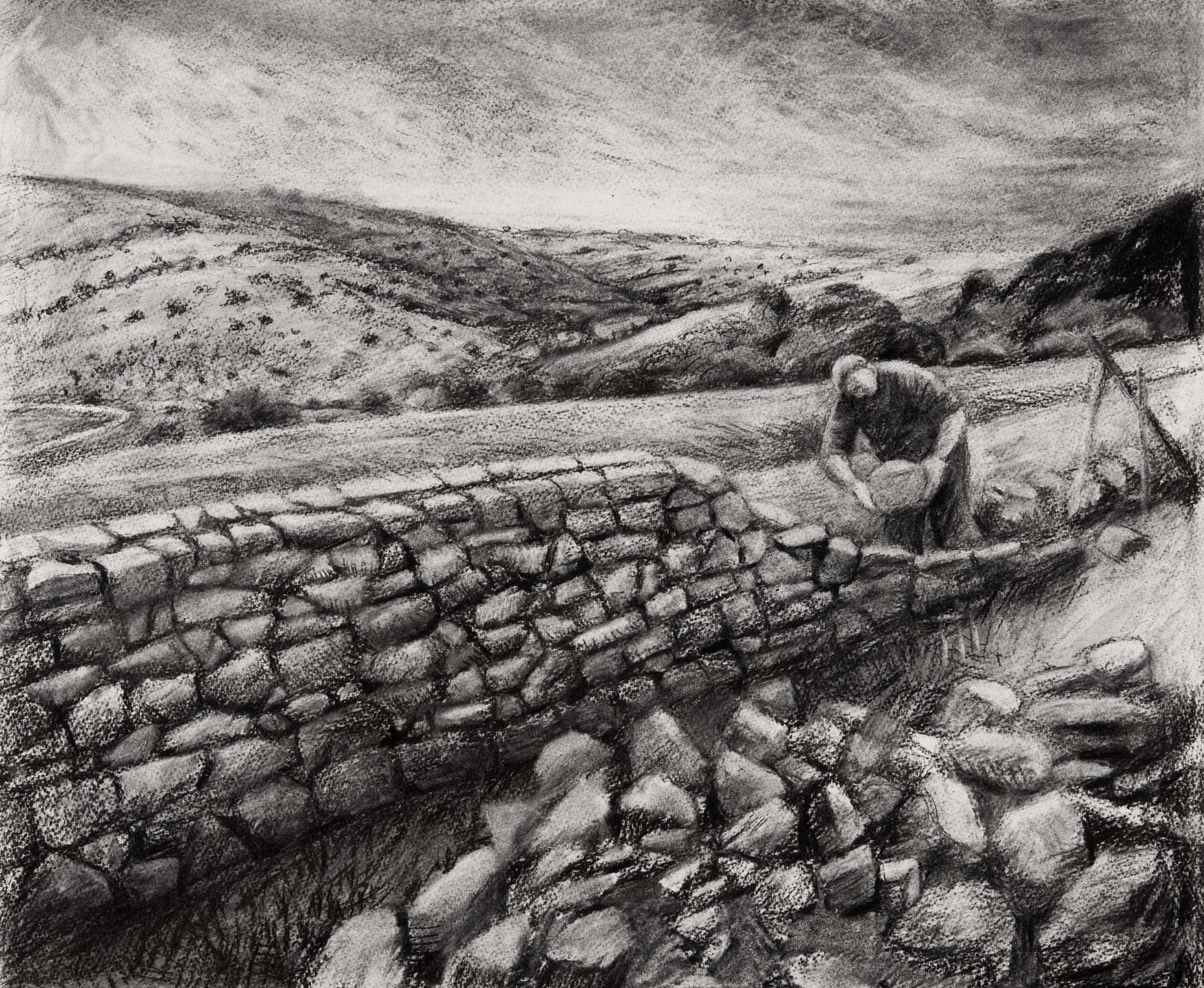 Kevin Toal dry stone walling on the Mendip Hills (willow charcoal)