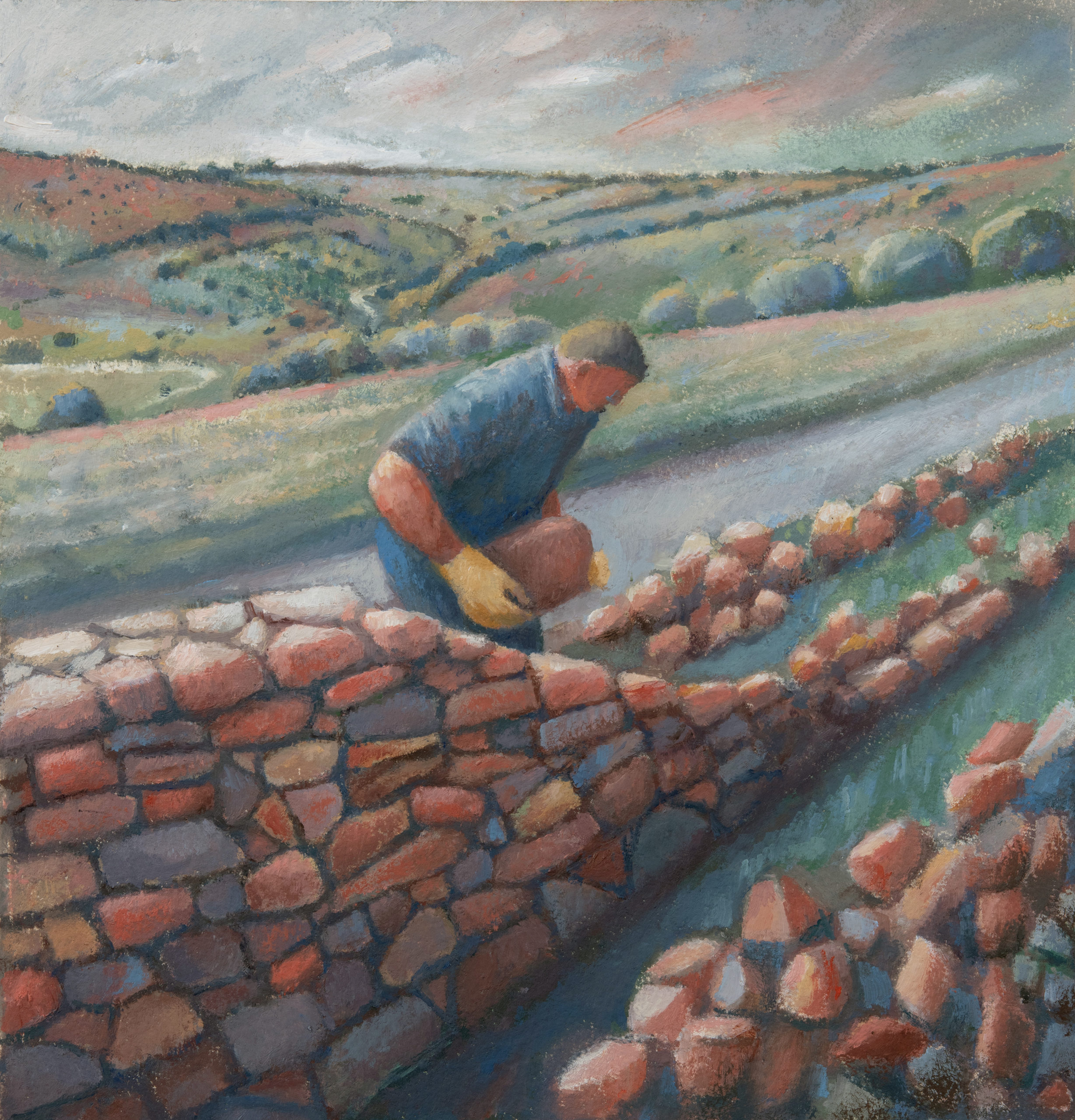 Kevin Toal dry stone walling on the Mendip Hills (oil on paper)