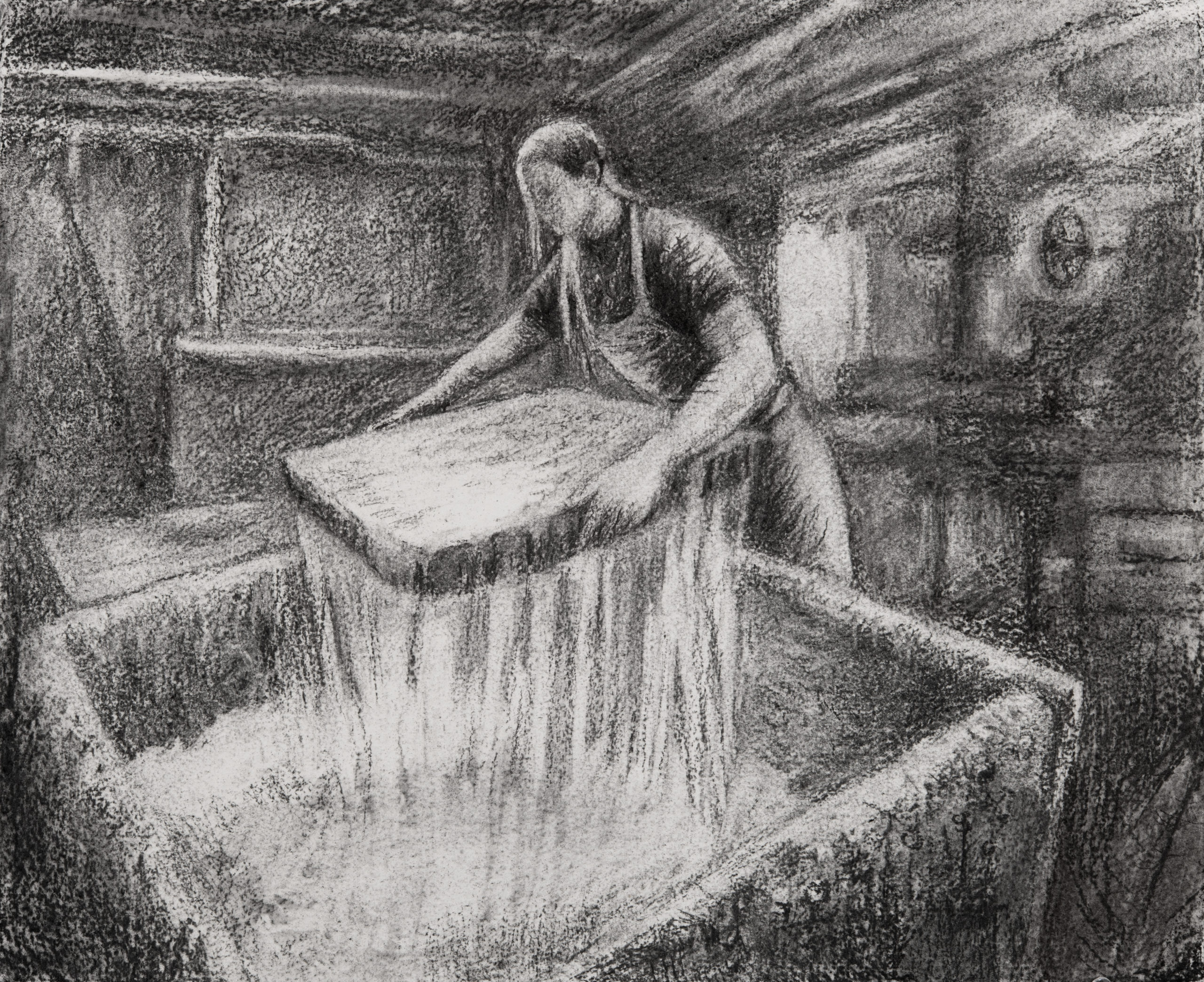 Zoe forming a sheet of paper, Two Rivers Paper, Roadwater (willow charcoal)
