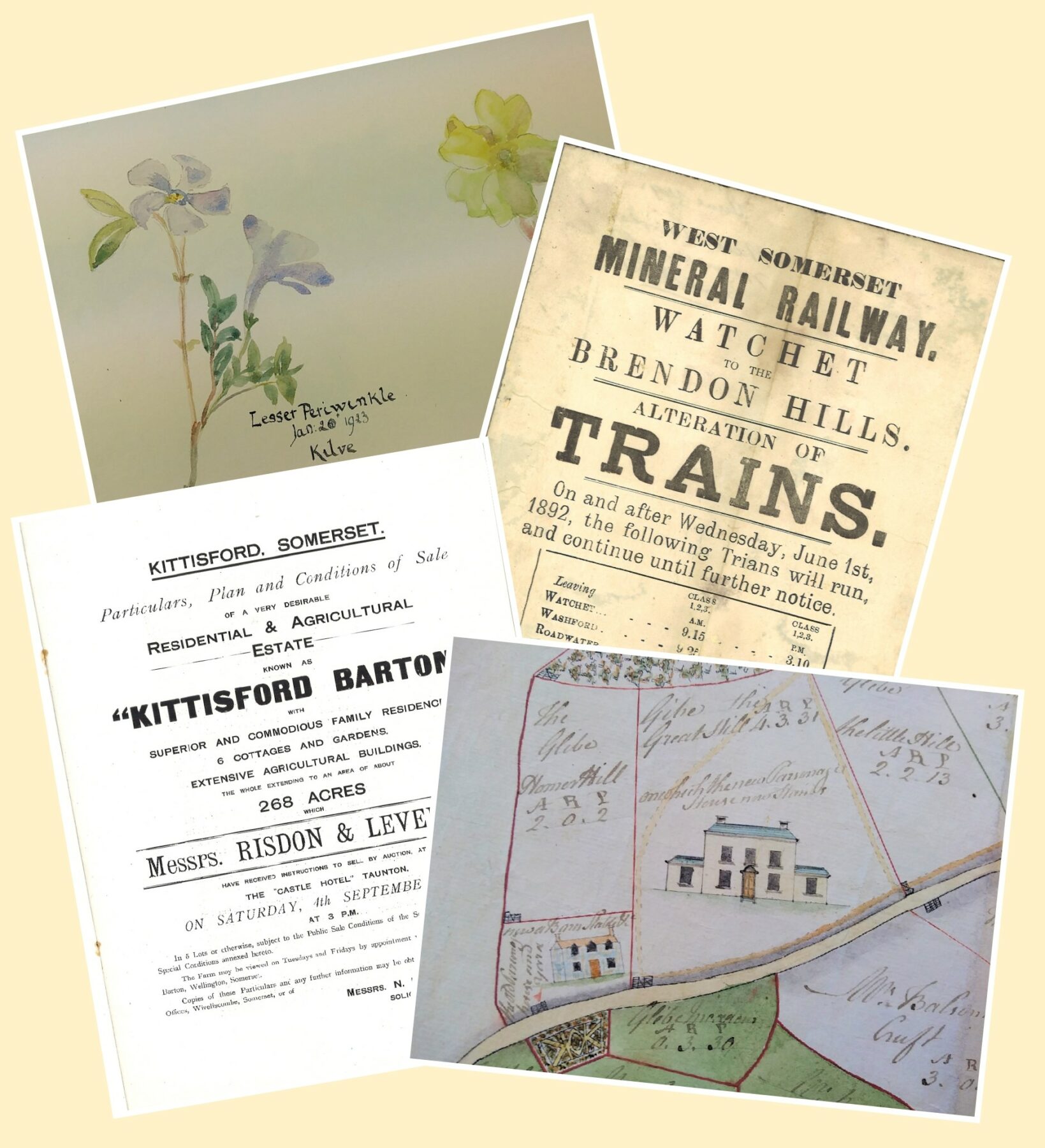 A grouping of four historic drawings and flyers