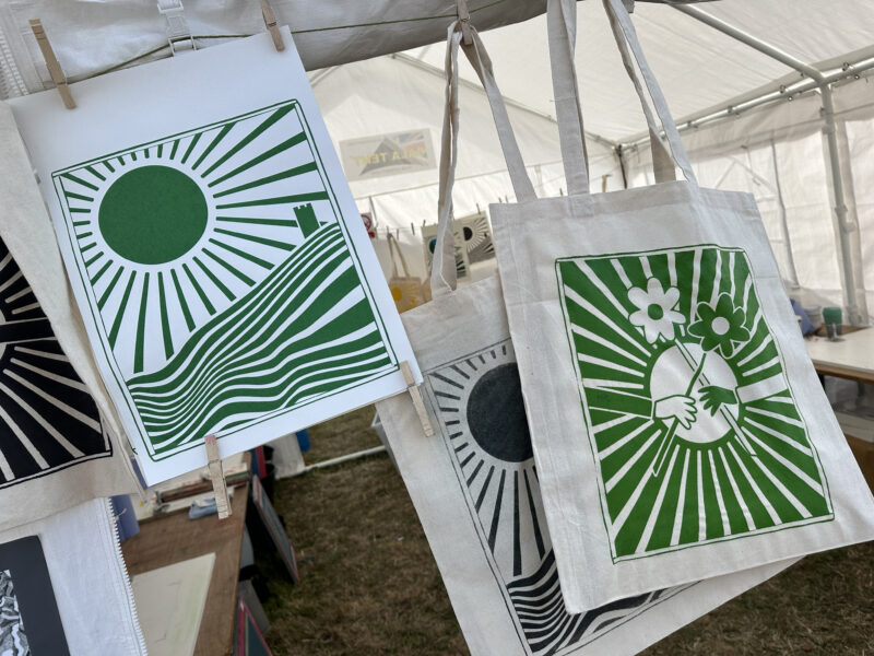 Artworks hanging from marquee.
