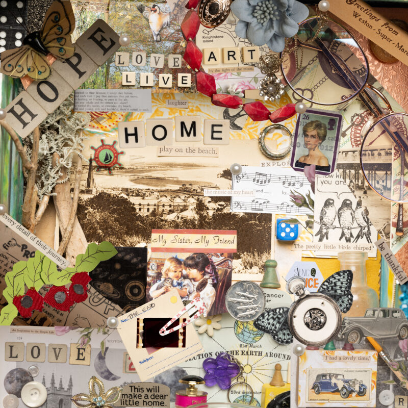 A composite collage image of various ephemera and household images and items, an artwork.