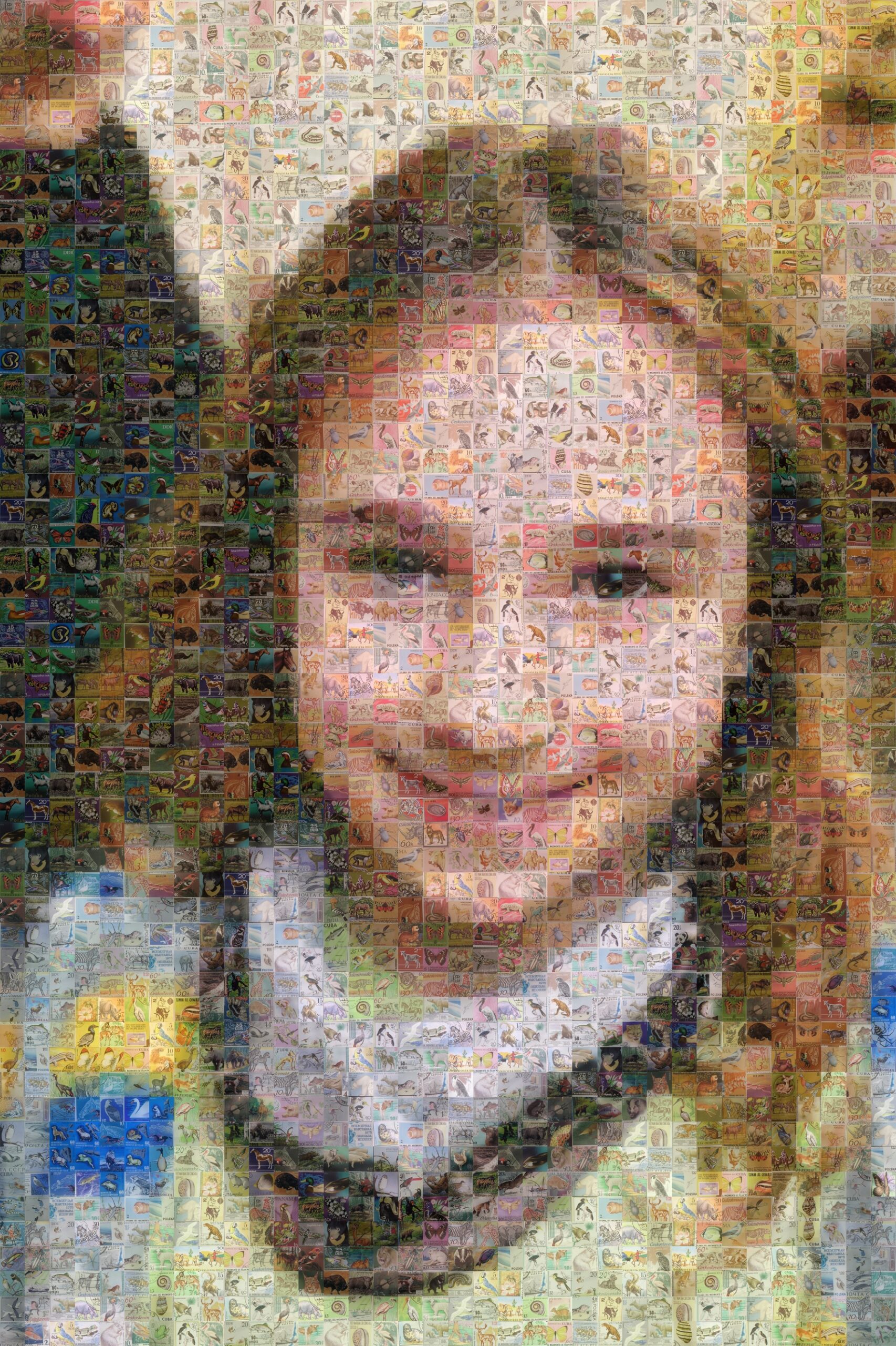 A mosaic style image of a girl with brown hair and a yellow top.