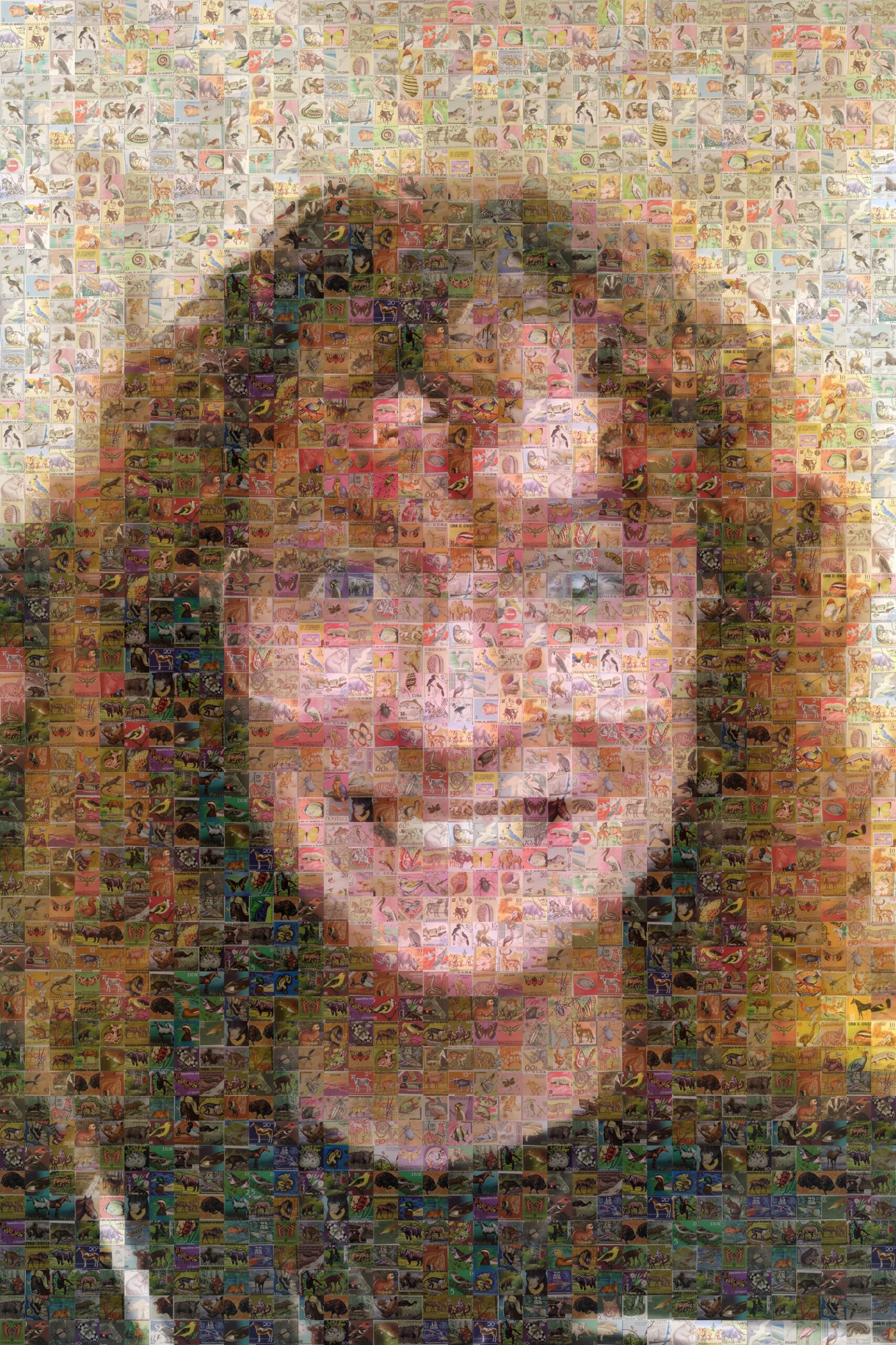 A mosaic style image of a woman with curly hair and glasses.
