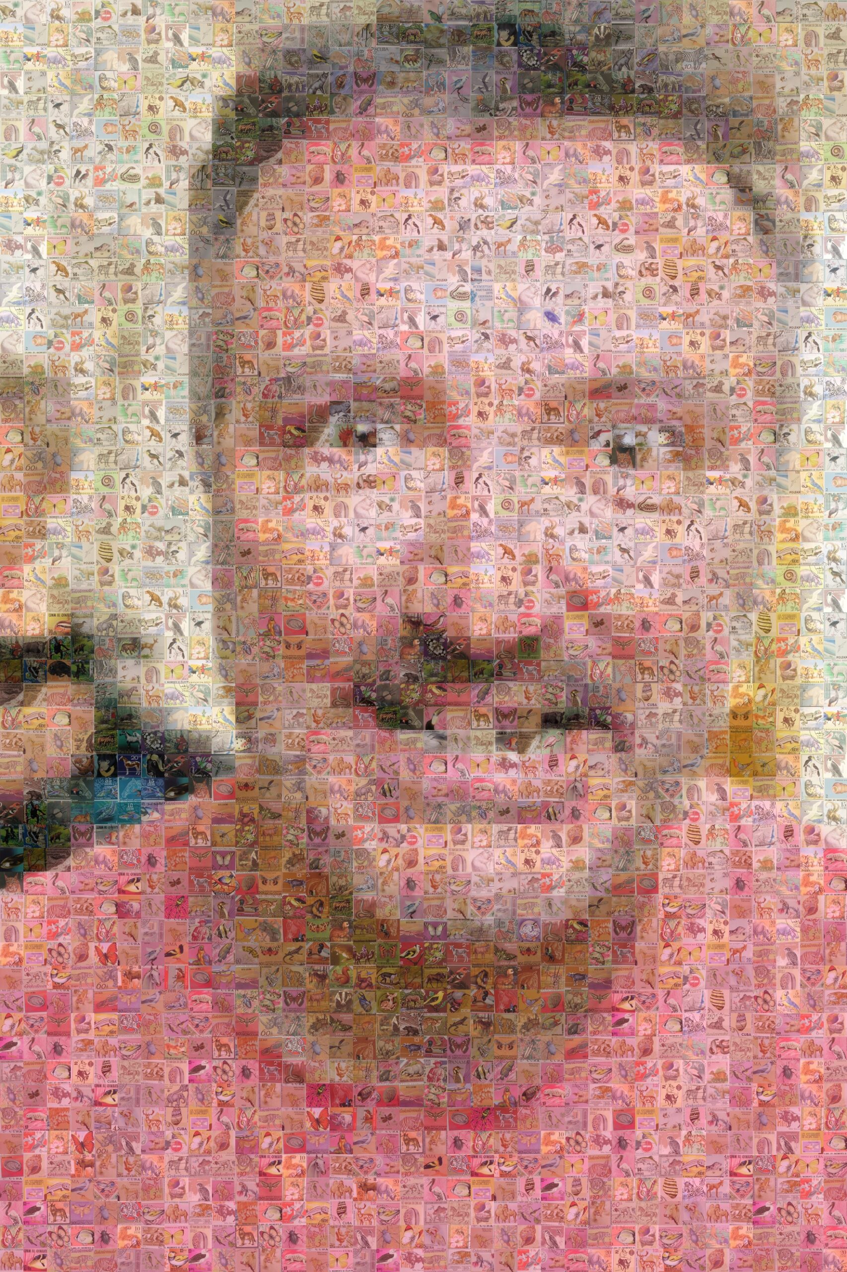 A mosaic style image of a man with grey hair and a pink t-shirt.