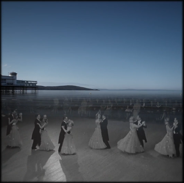 Weston-super-Mare seafront with an overlaid black and white image of ballroom dancers.