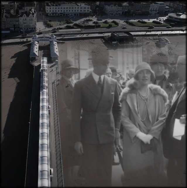 Weston-super-Mare beach with overlaid black and white image of a royal visit to the town.