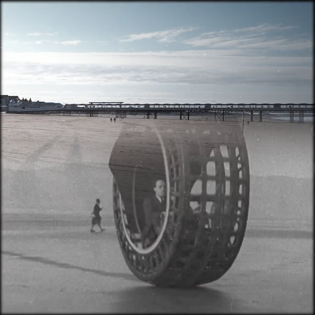 Weston-super-Mare beach overlaid with black and white image of a man cycling inside a giant tyre.