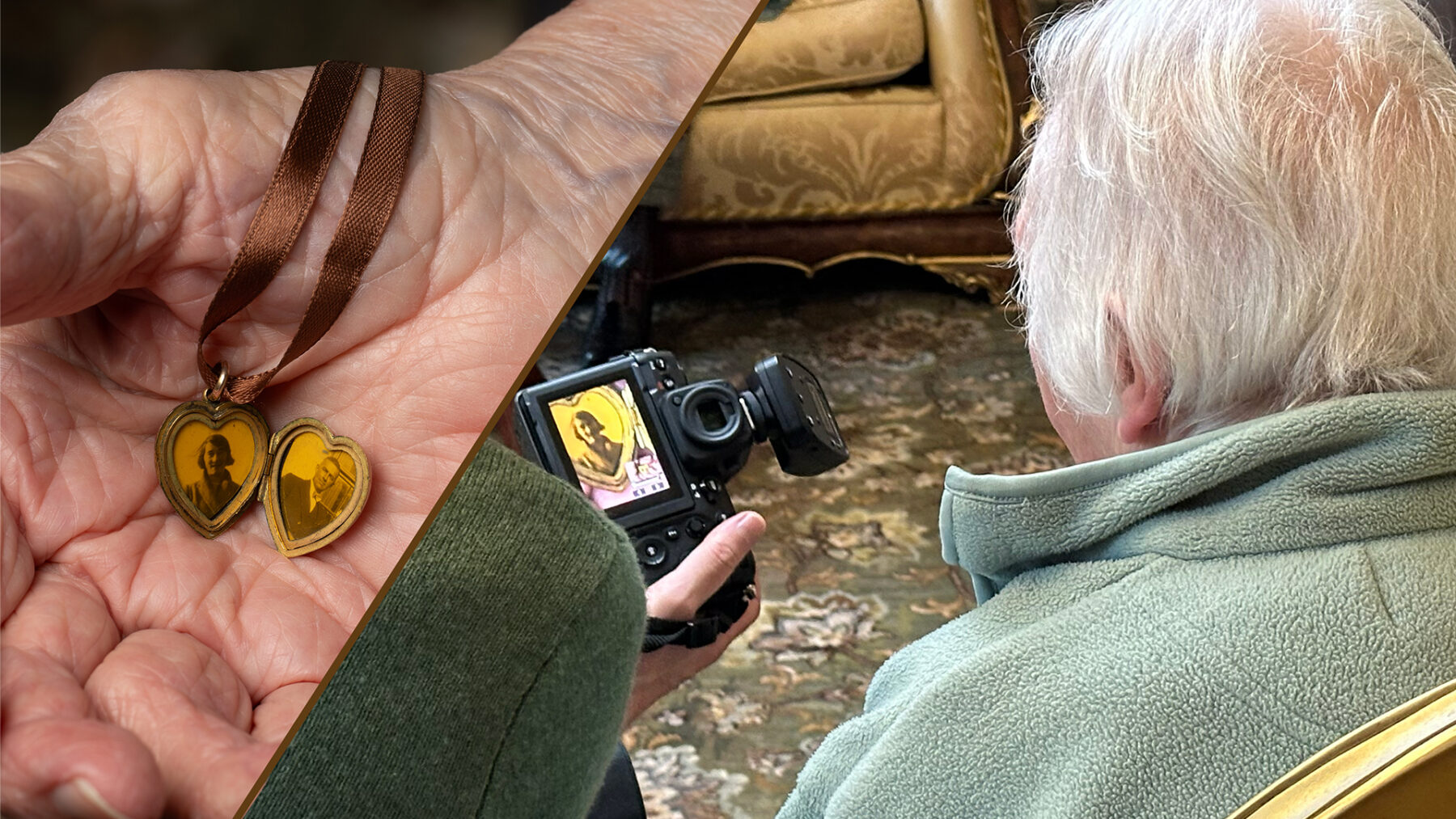 Hand holding a locket combined with image of old woman looking at a camera.