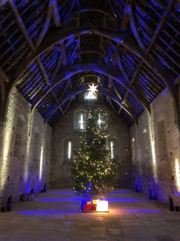 Illuminated Christmas tree in a large barn.