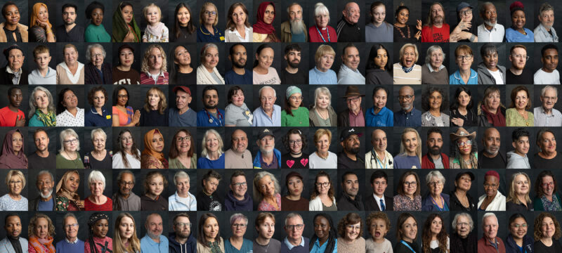 Collage of portraits with lots of colours of clothes.