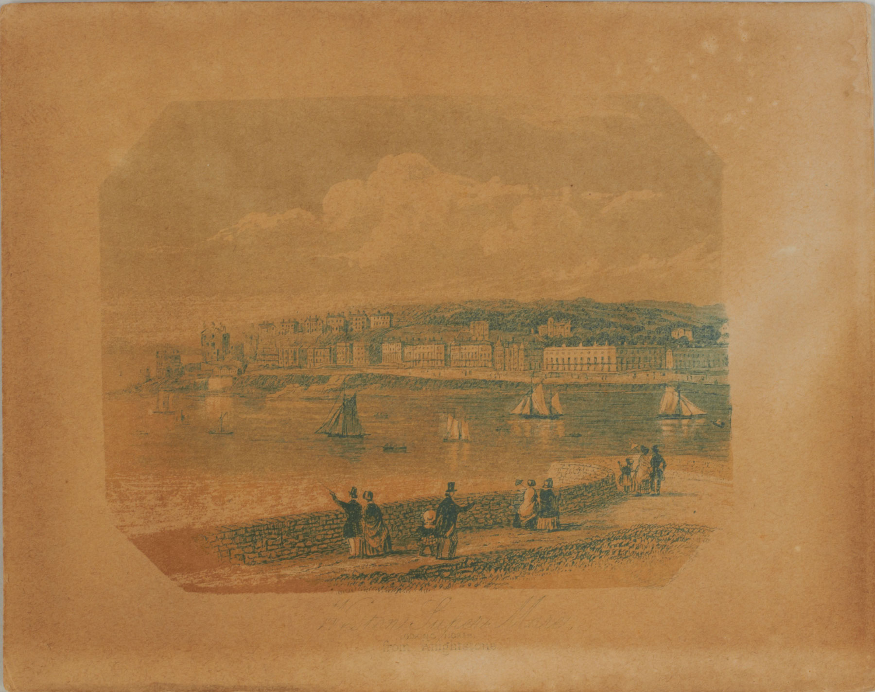 Artwork on brown paper showing people looking out at sailing boats and the coast.